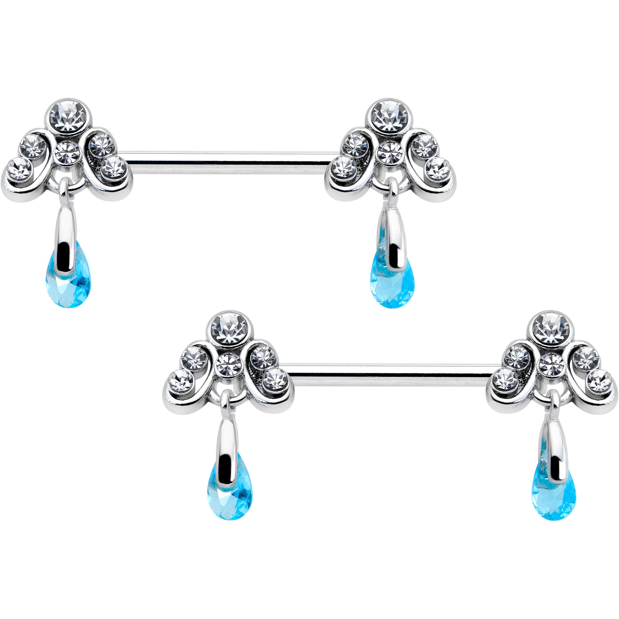 14G 9/16 Blue Gem Scrolling Elegance Dangle Nipple Ring Set