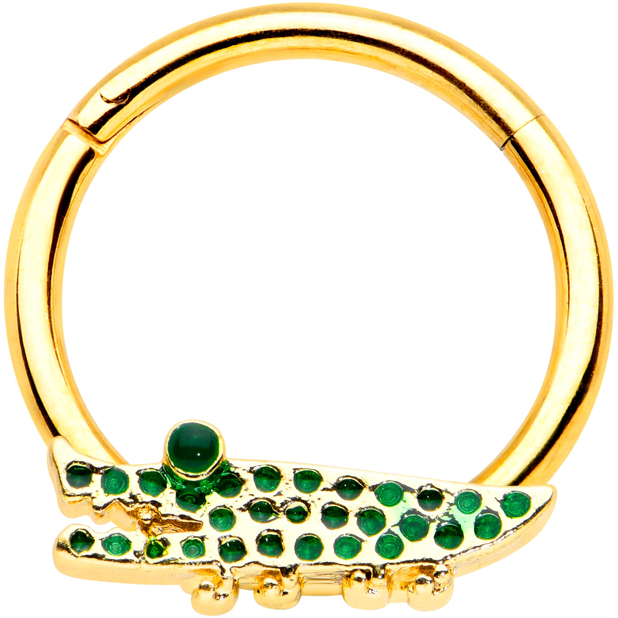 16G 3/8 Gold Tone Hungry Green Alligator Hinged Segment Ring