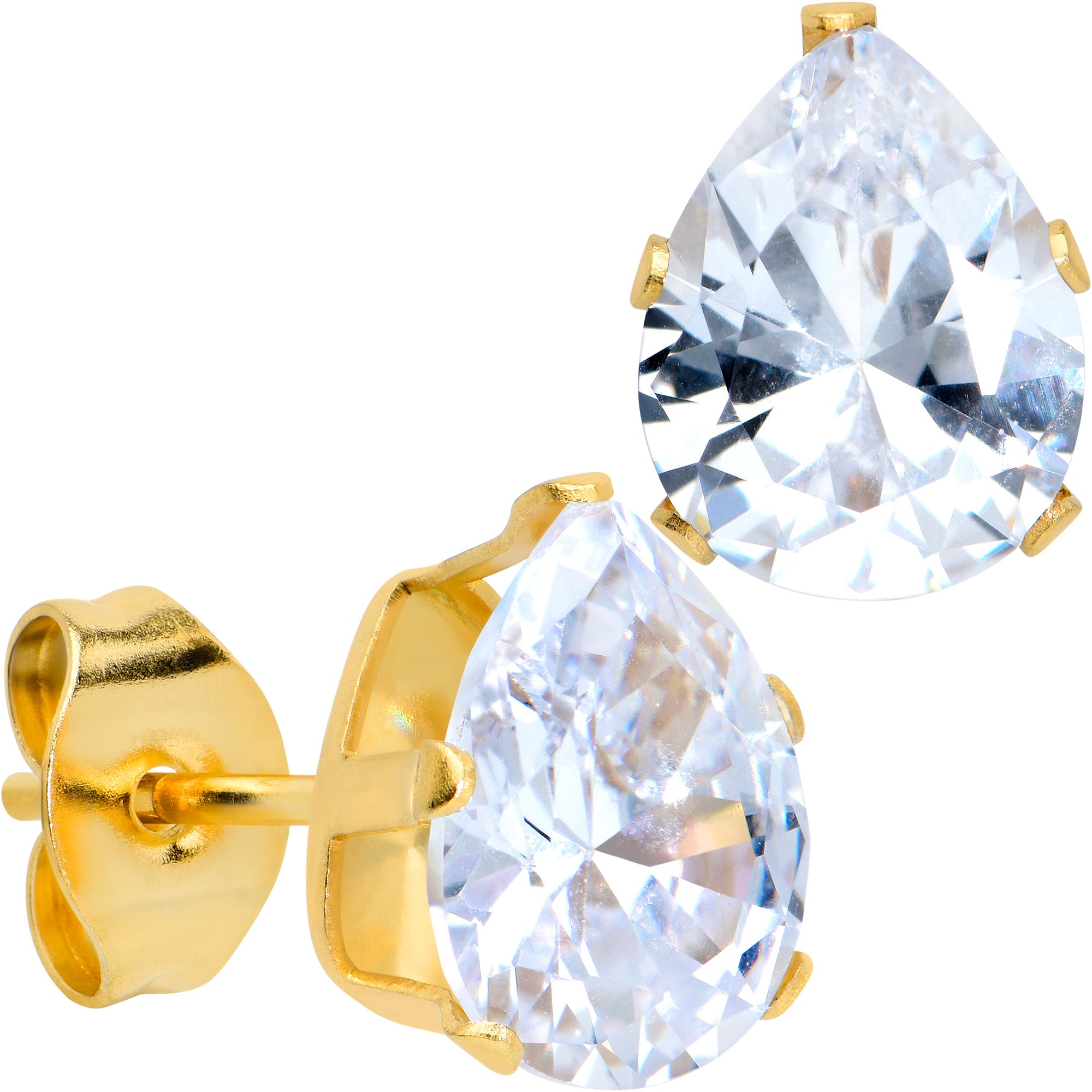 CZ Teardrop Clear Gold Tone Stainless Steel Stud Earrings 3mm to 7mm