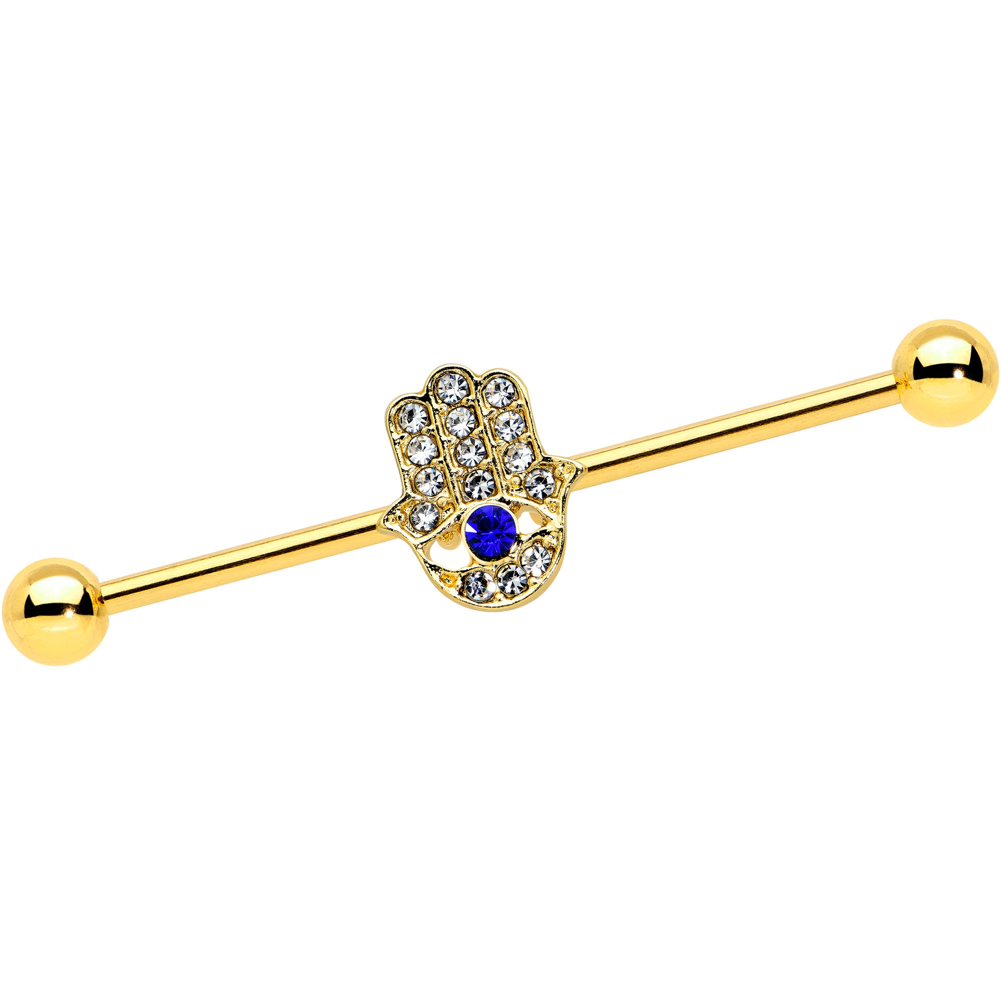 14G Blue Gem Gold Tone Hamsa Hand Eye Industrial Barbell 38mm