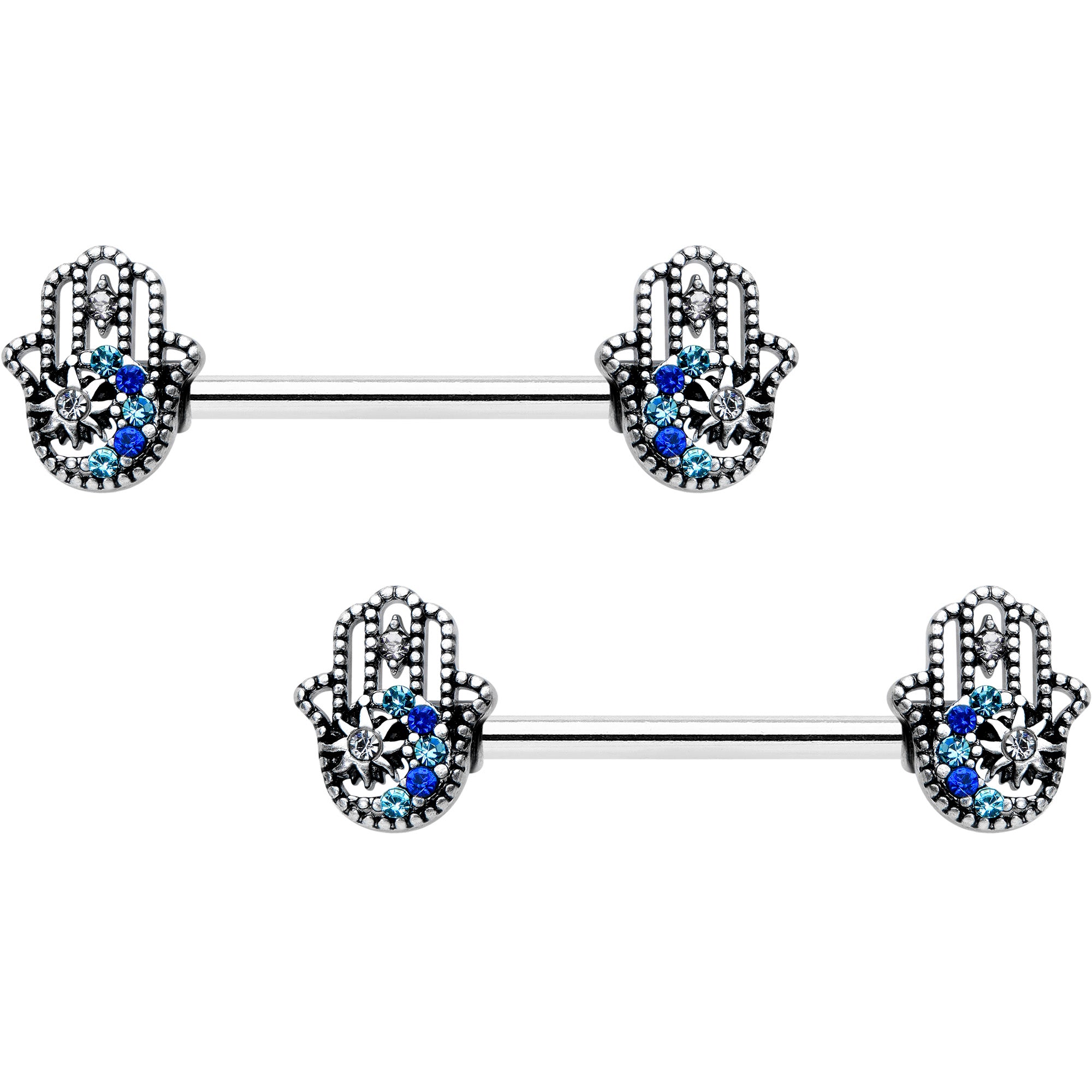 14G 9/16 Clear Blue Gem Textured Hamsa Hand Nipple Ring Set
