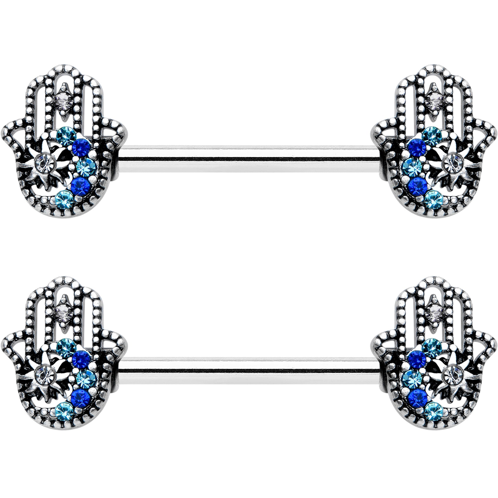 14G 9/16 Clear Blue Gem Textured Hamsa Hand Nipple Ring Set