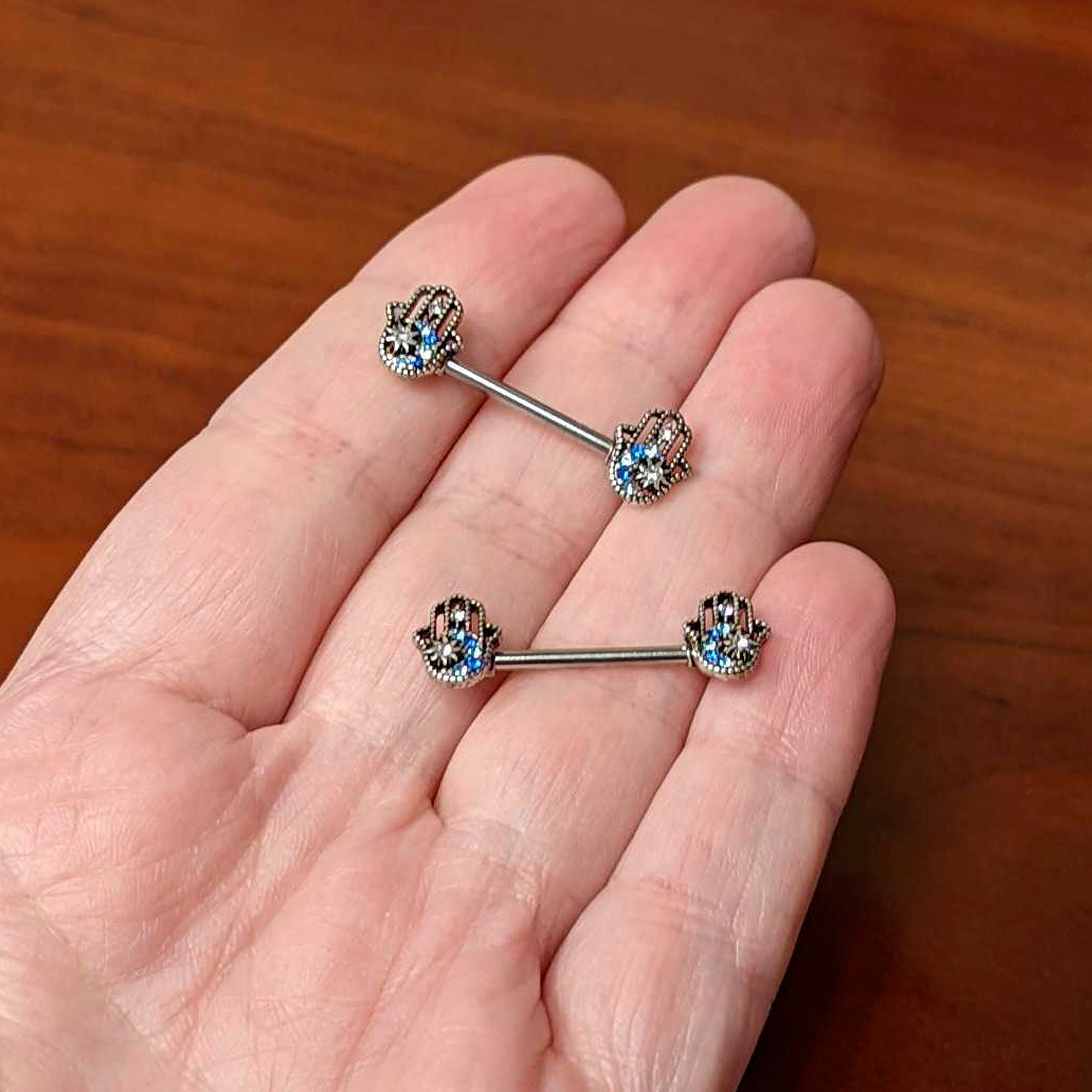 14G 9/16 Clear Blue Gem Textured Hamsa Hand Nipple Ring Set