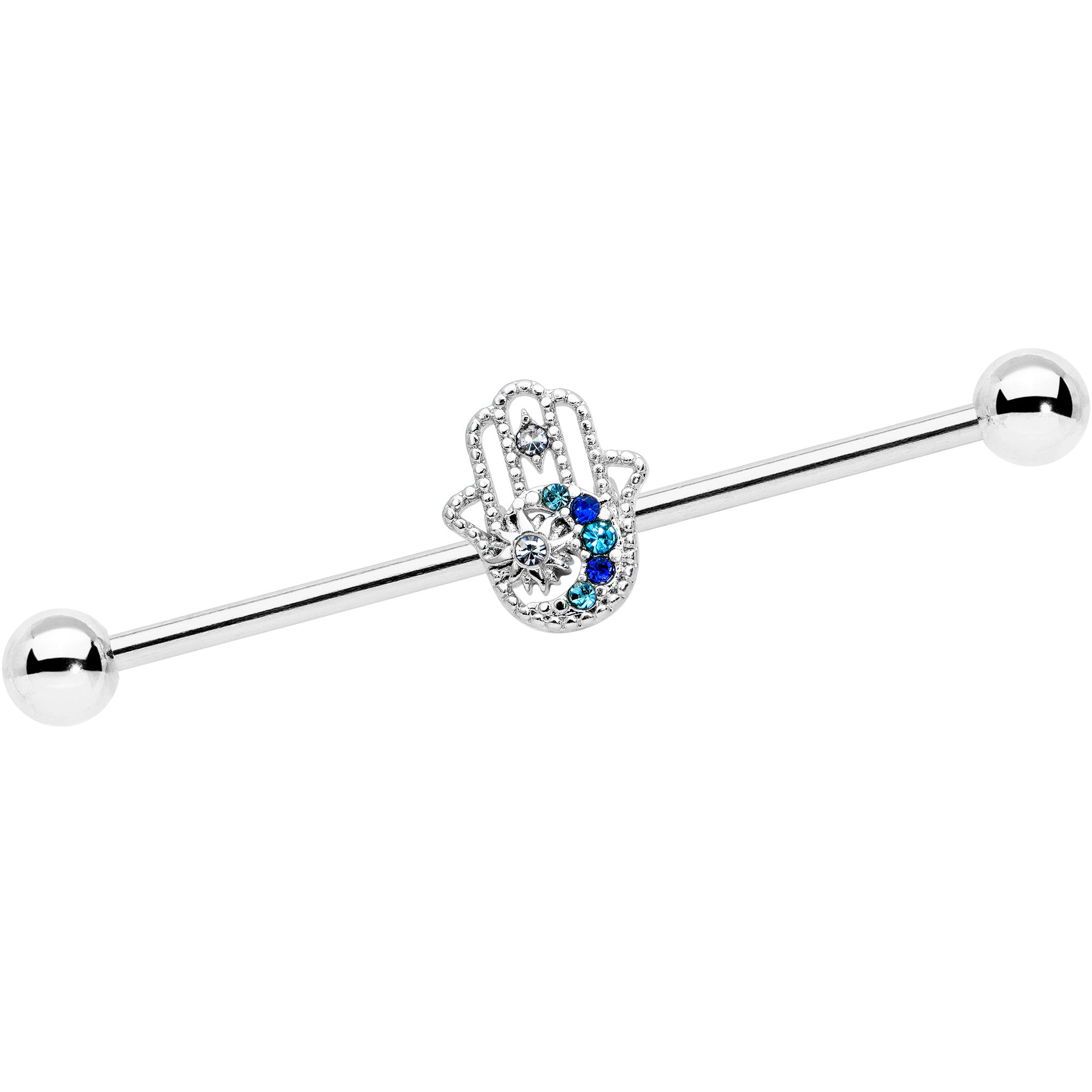 14G Clear Blue Gem Textured Hamsa Hand Industrial Barbell 38mm