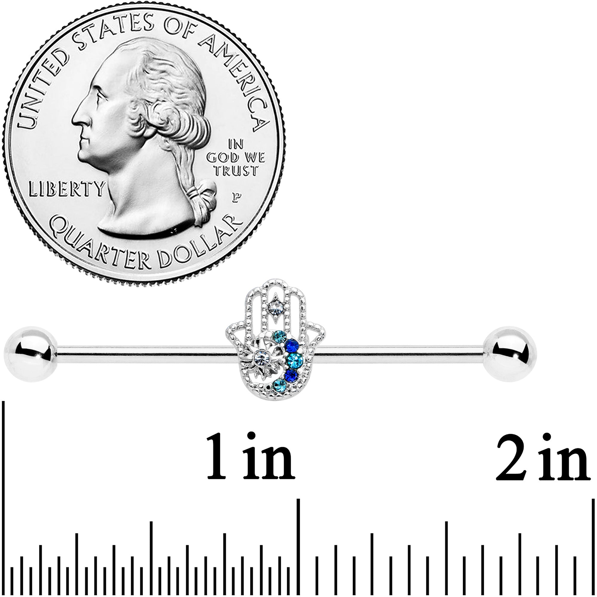 14G Clear Blue Gem Textured Hamsa Hand Industrial Barbell 38mm