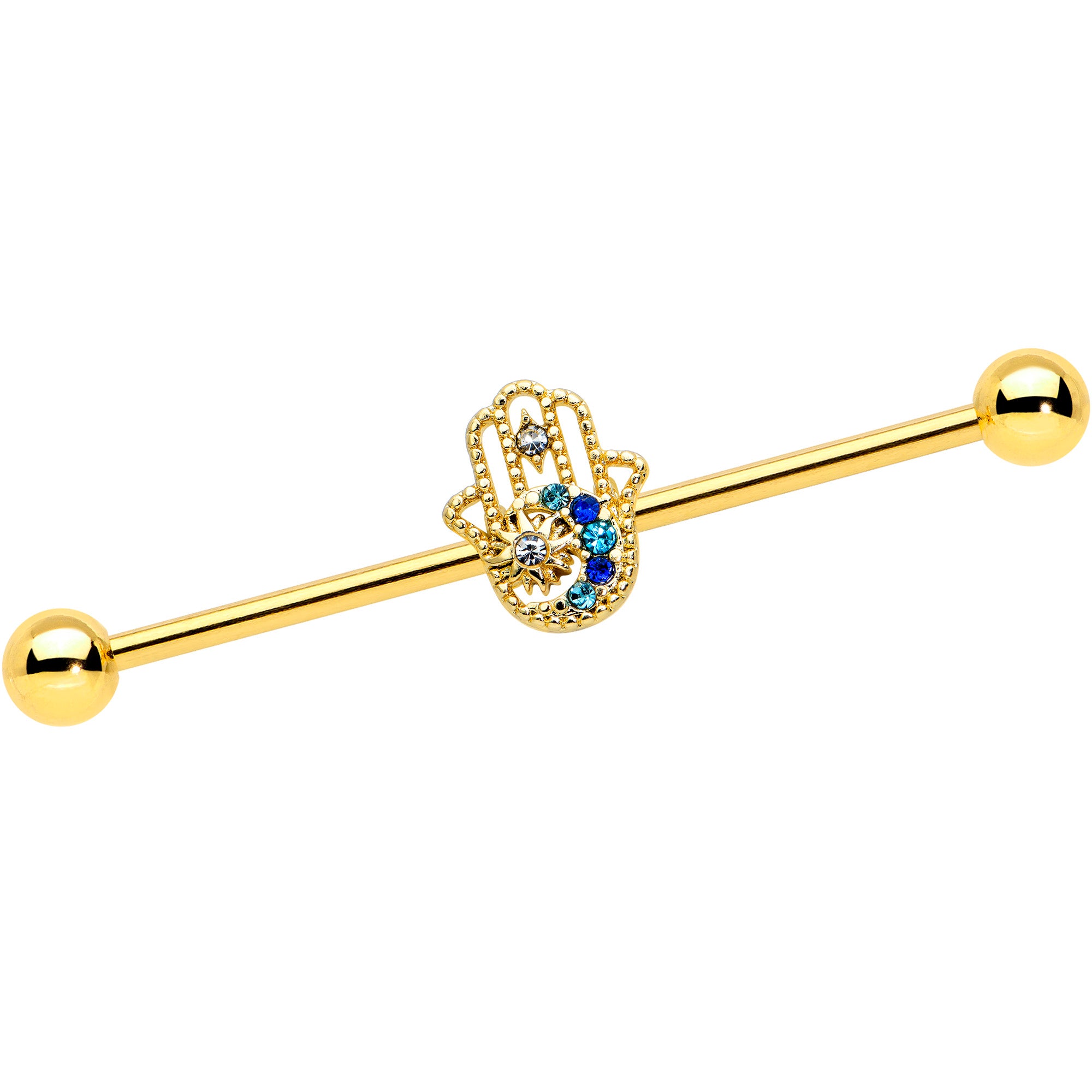 14G Blue Gem Gold Tone Texture Hamsa Hand Industrial Barbell 38mm