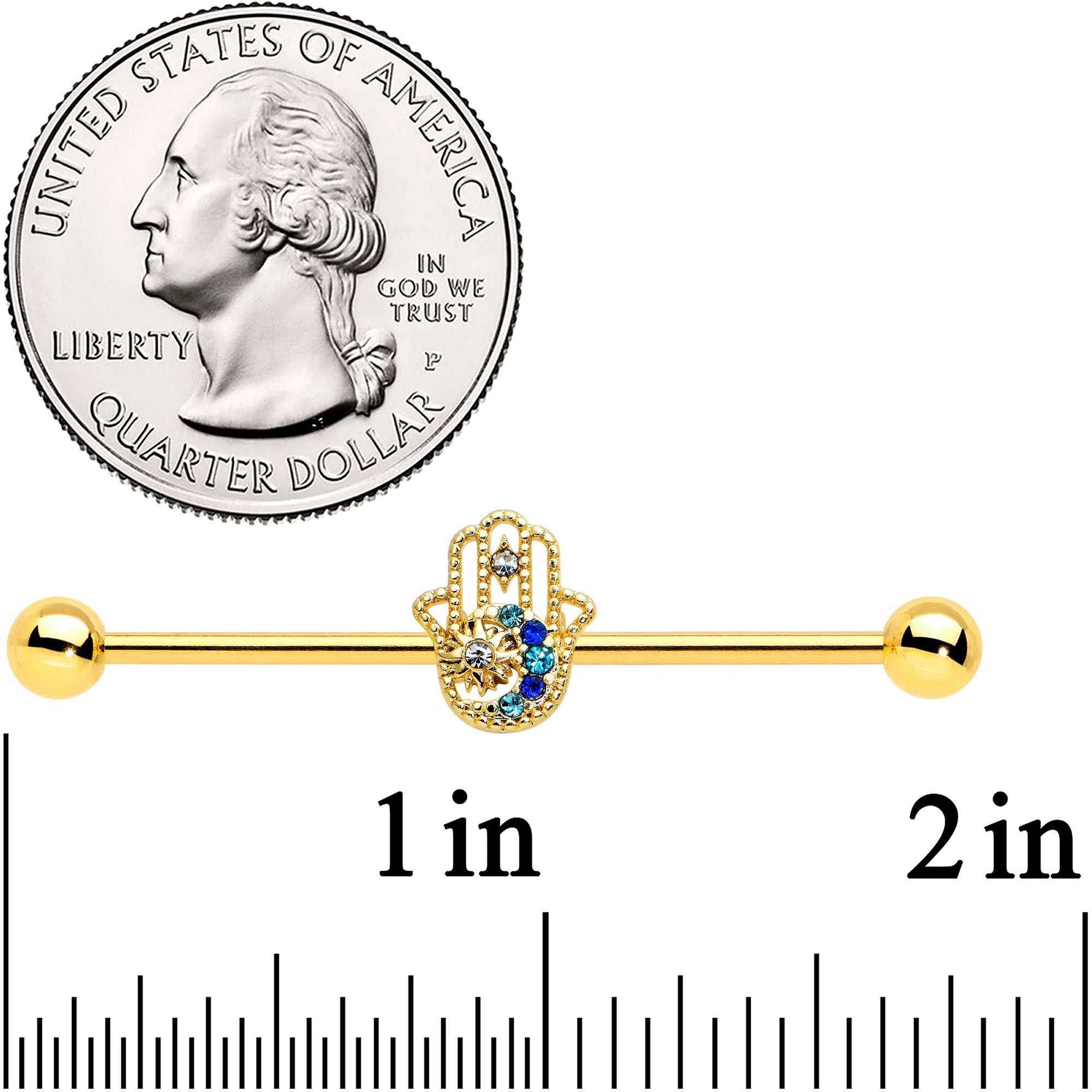 14G Blue Gem Gold Tone Texture Hamsa Hand Industrial Barbell 38mm