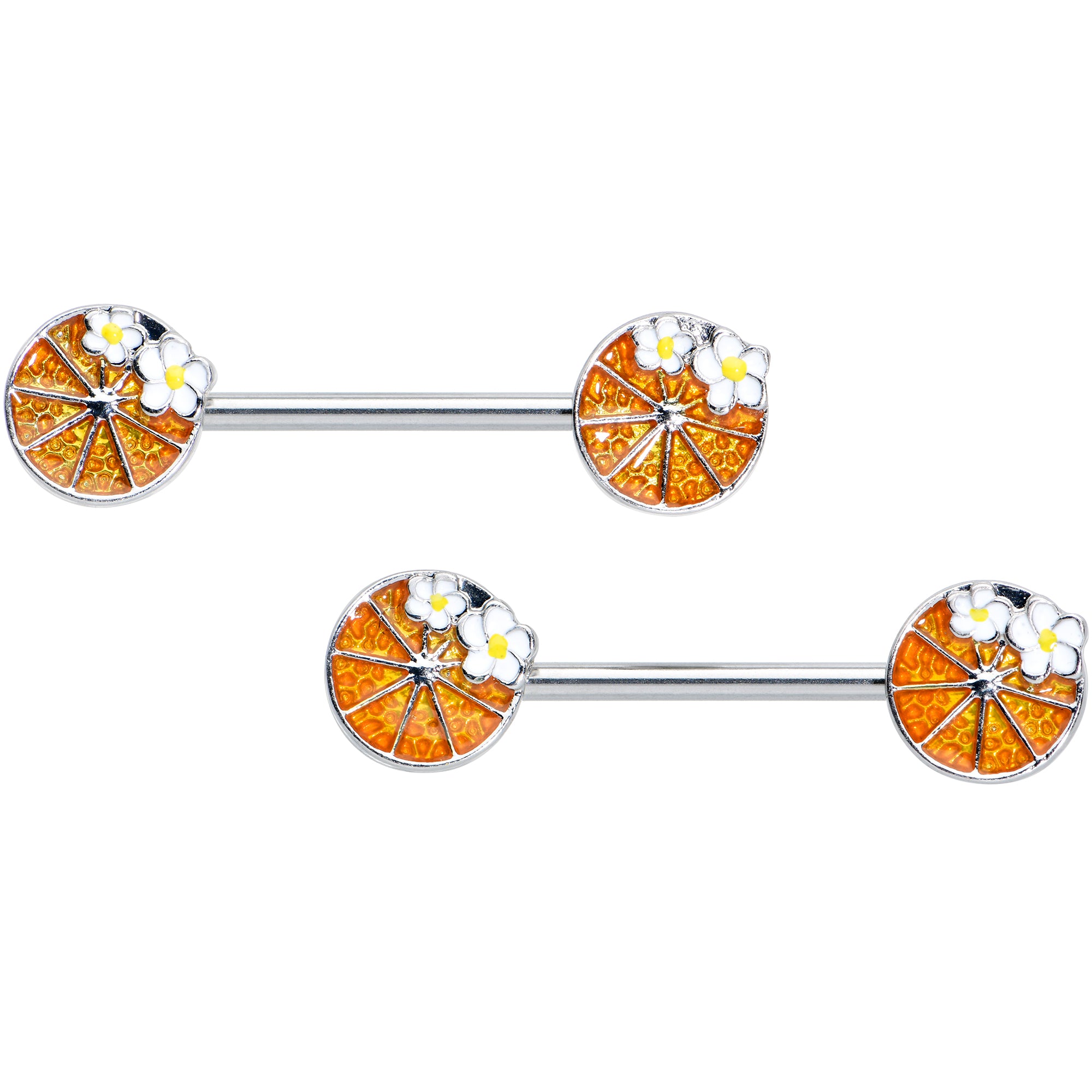 14G 9/16 Sweet Orange Fruit Flower Barbell Nipple Ring Set