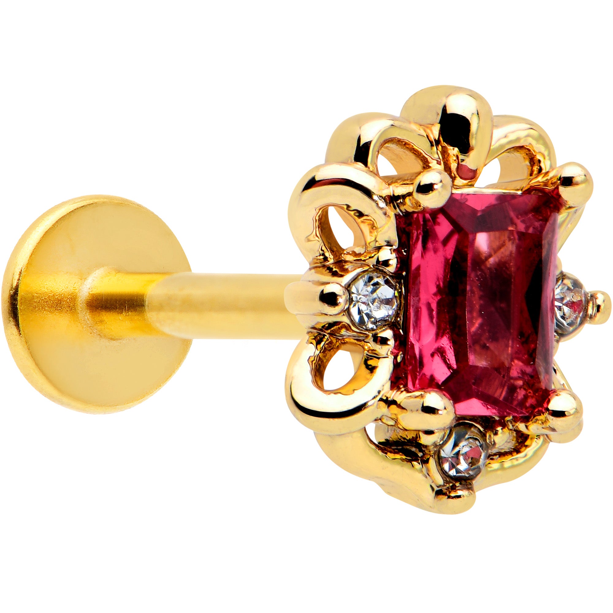 16G 5/16 Red Gem Gold Tone Regal Escutcheon Labret Monroe Tragus