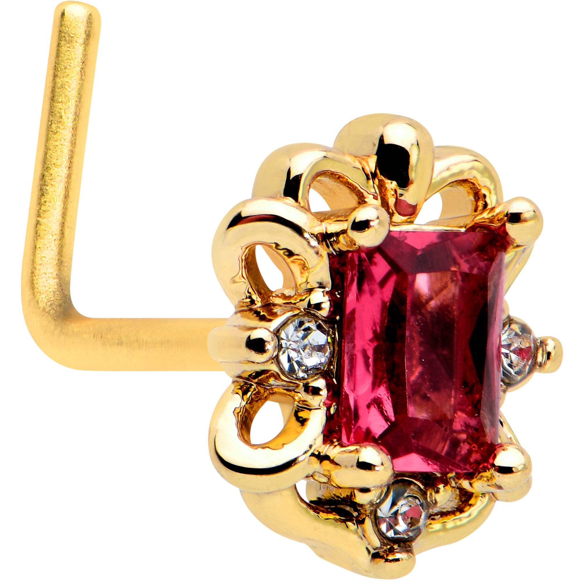 20G 7mm Red Gem Gold Tone Regal Escutcheon L Shape Nose Ring