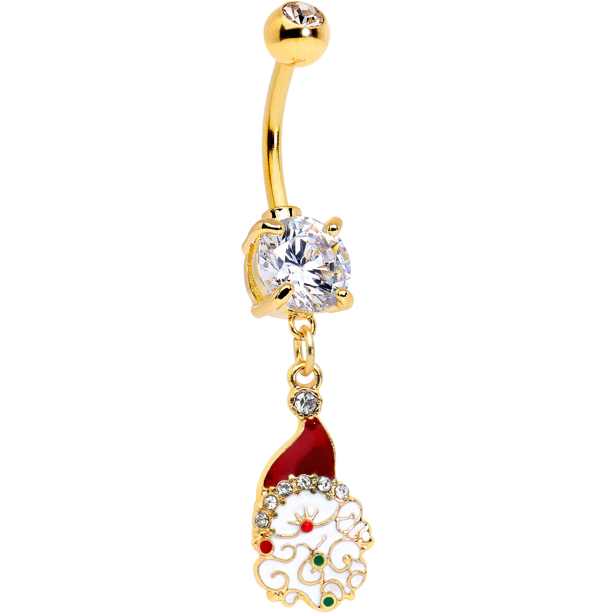 Clear Gem Gold Tone Decorated Santa Christmas Holiday Dangle Belly Ring