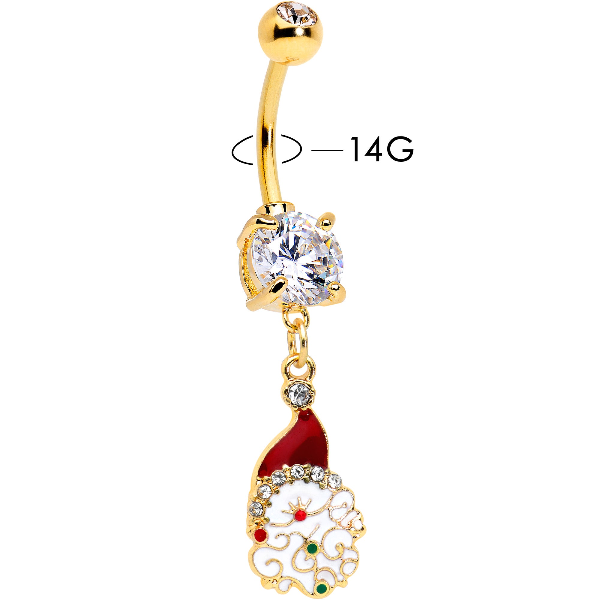 Clear Gem Gold Tone Decorated Santa Christmas Holiday Dangle Belly Ring
