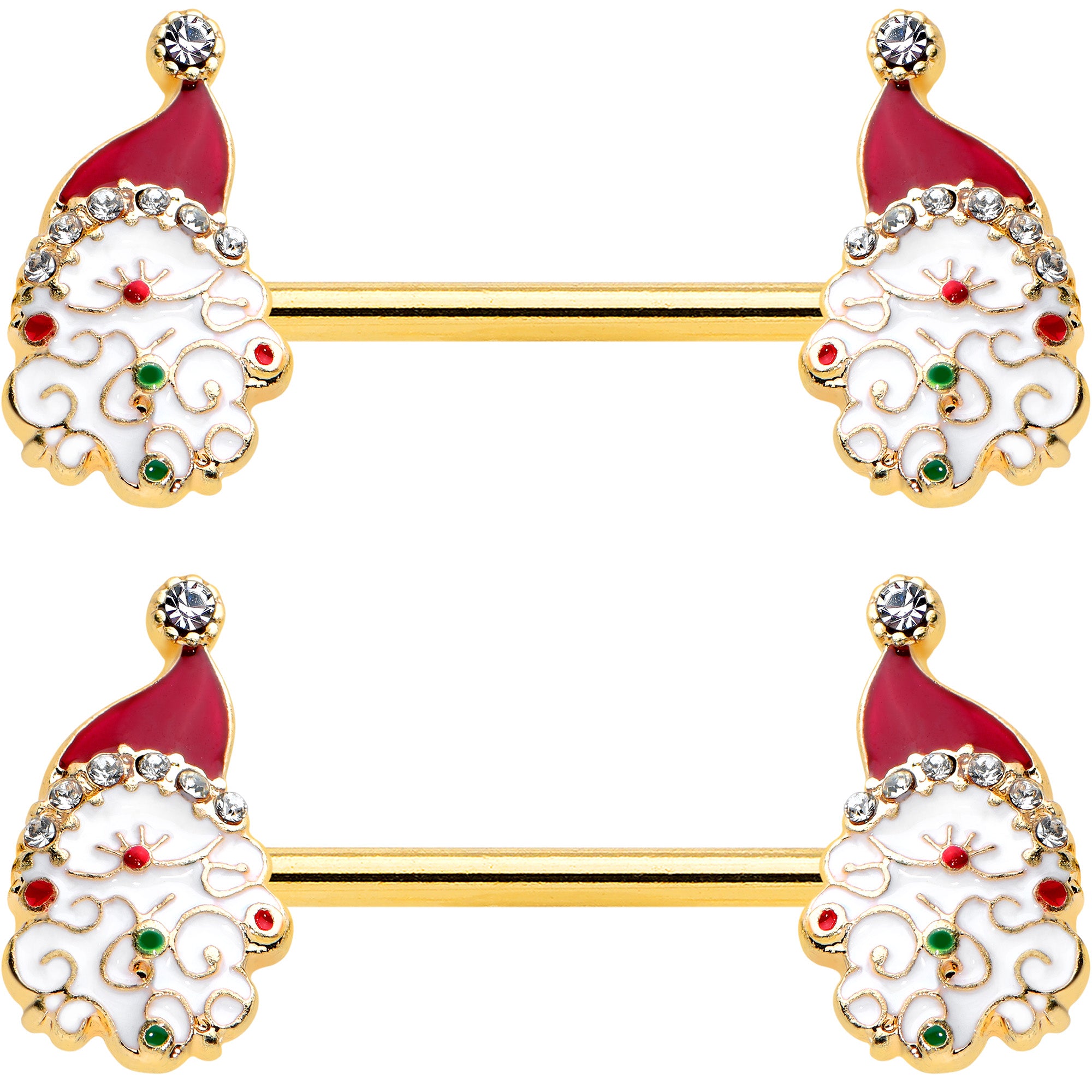 14G 1/2 Clear Gem Gold Tone Decorated Santa Barbell Nipple Ring Set