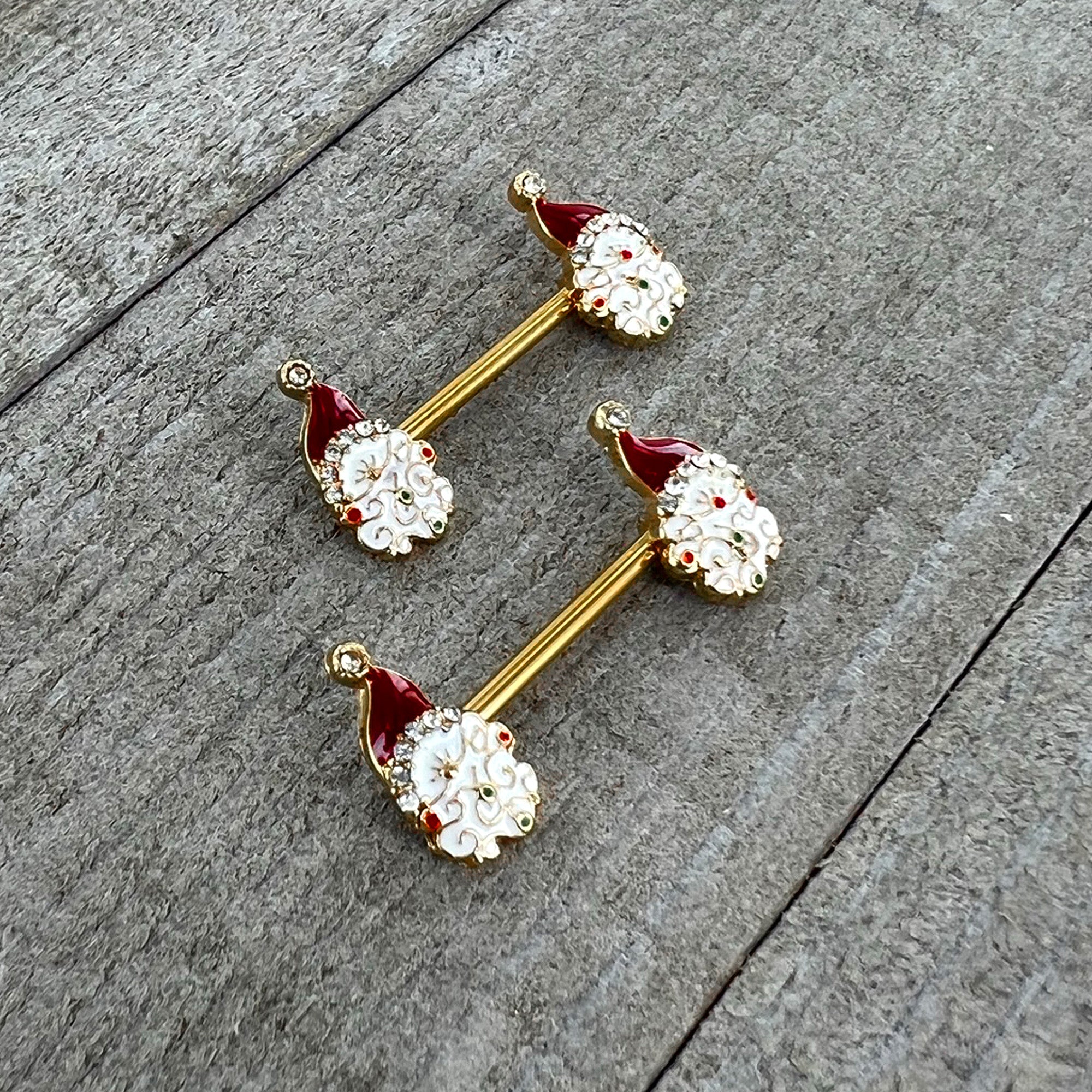 14G 1/2 Clear Gem Gold Tone Decorated Santa Barbell Nipple Ring Set