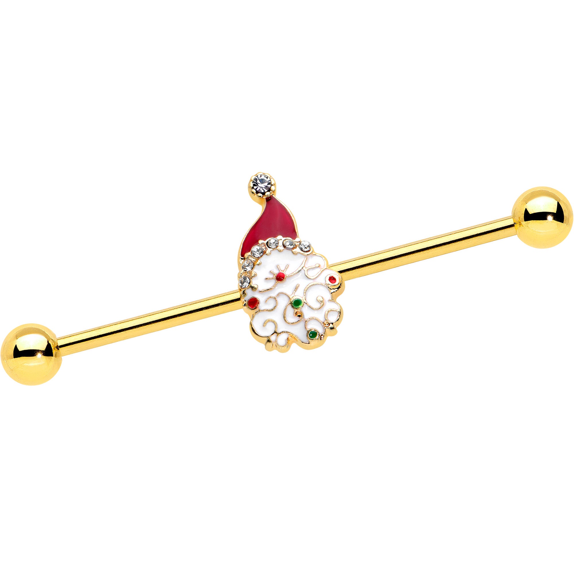 14G Clear Gem Gold Tone Decorated Santa Holiday Industrial Barbell 38mm
