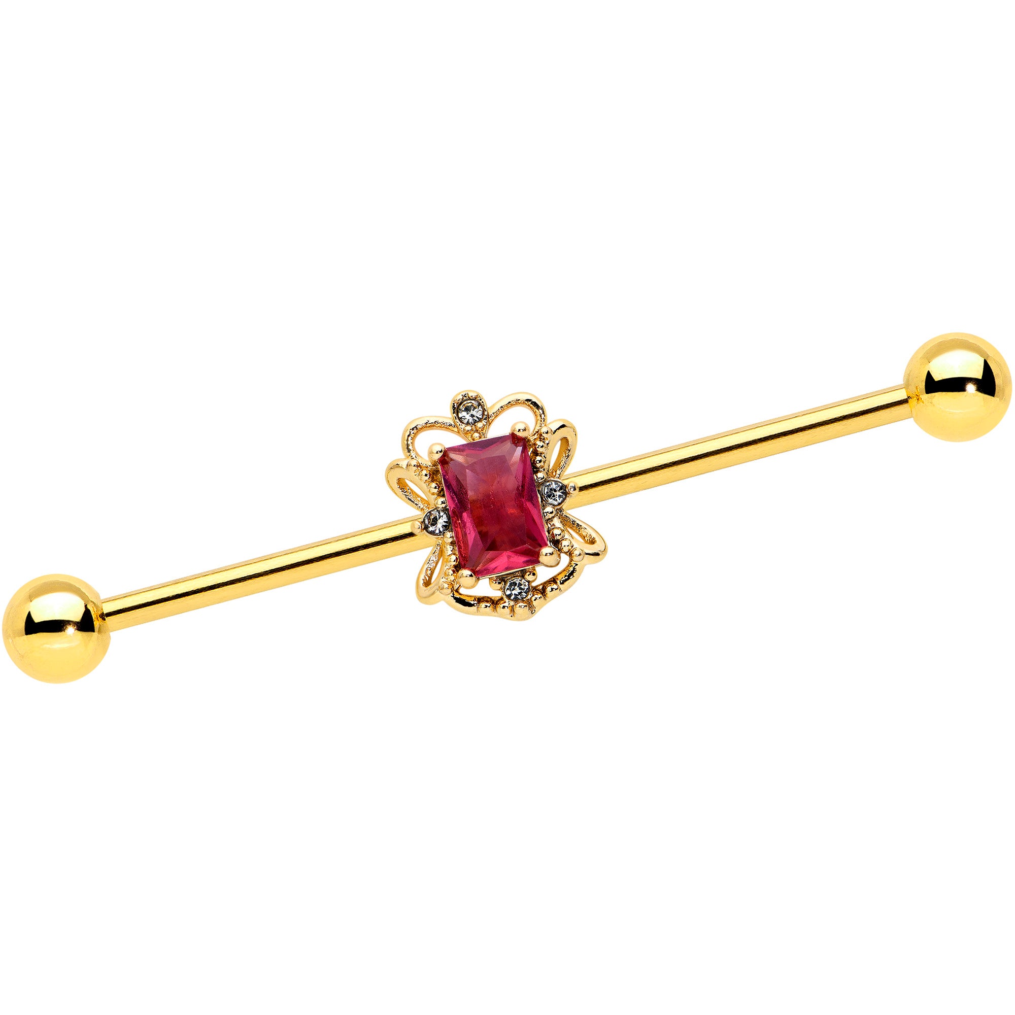 14G Red Gem Gold Tone Regal Escutcheon Industrial Barbell 38mm