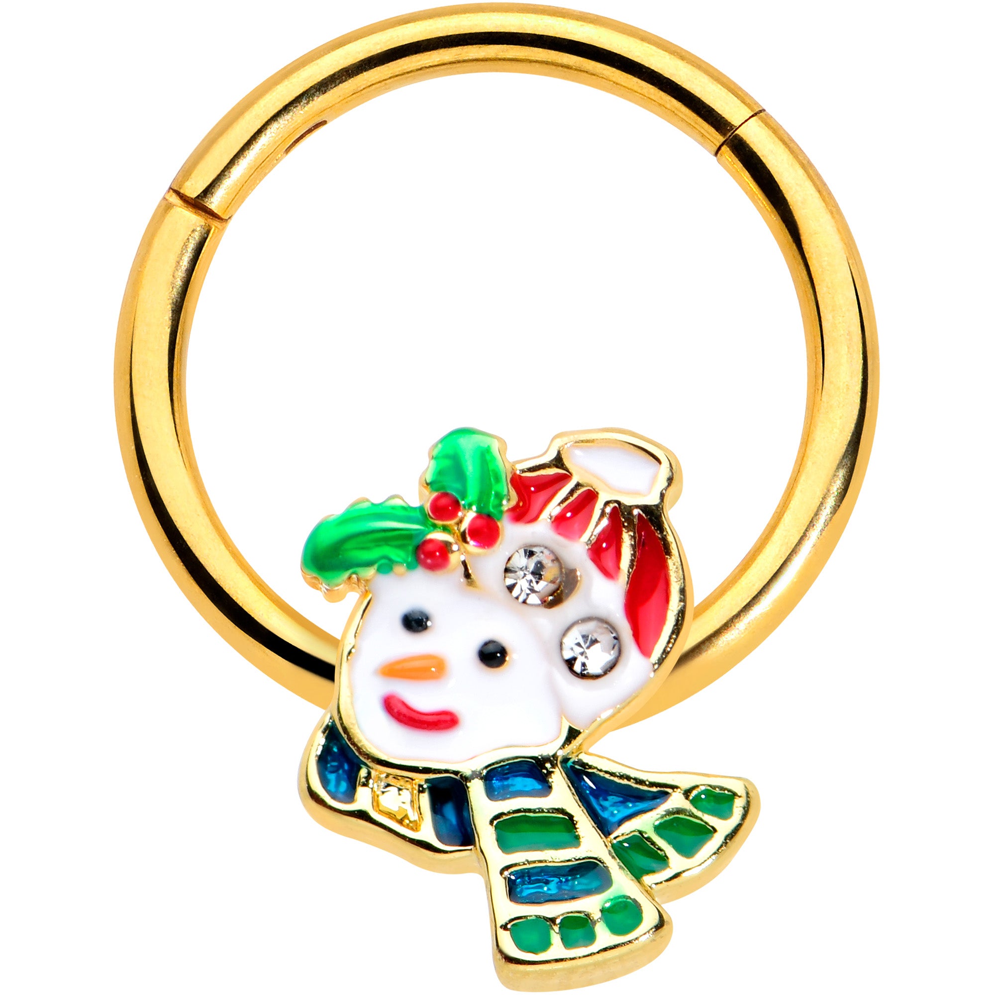 16G 3/8 Clear Gem Gold Tone Happy Snowman Hinged Segment Ring