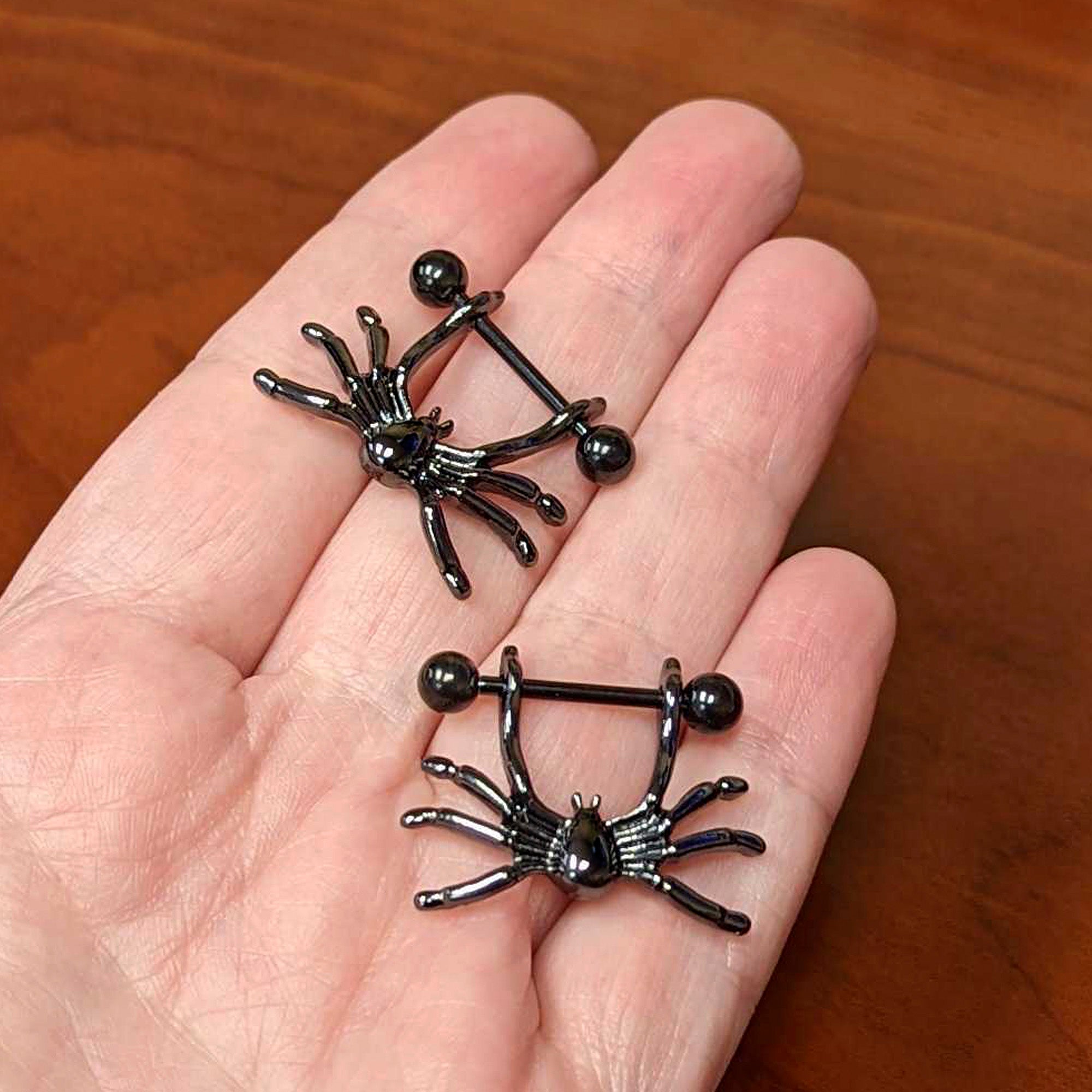 14G 7/16 Black Crawly Spider Halloween Nipple Shield Set
