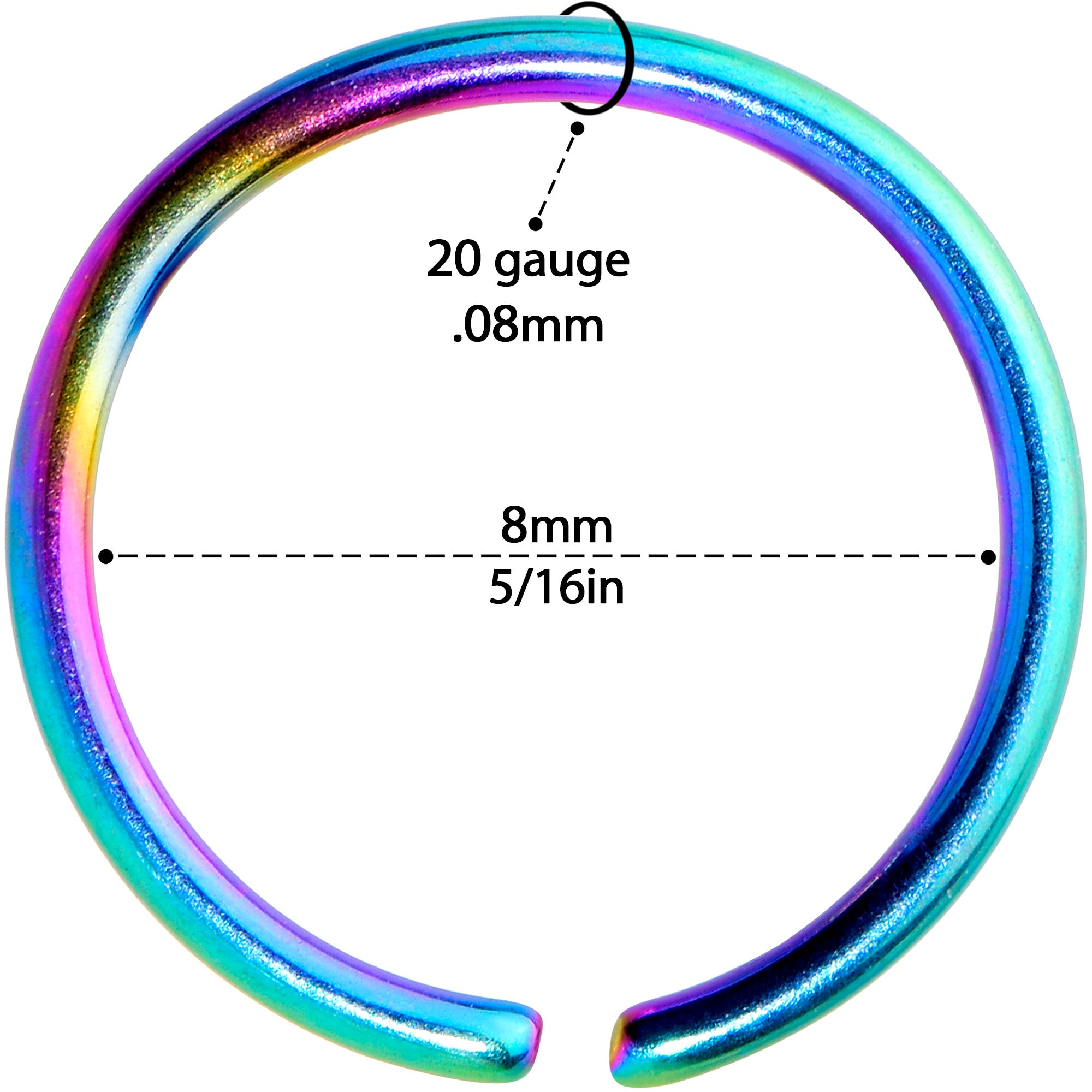 20G 5/16 Rainbow PVD Grade 23 Titanium Bendable Hoop Ring