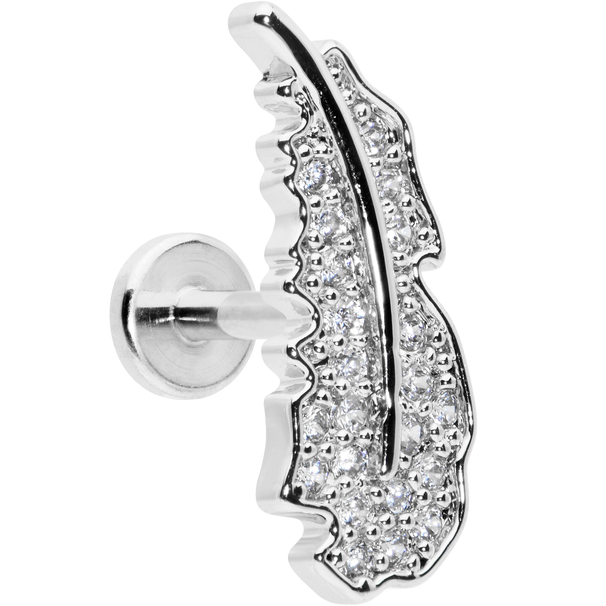 16G 1/4 Clear CZ Gem Feather Internally Threaded Labret Tragus