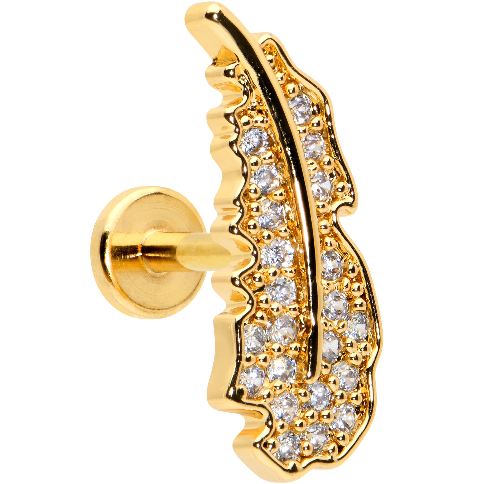16G 1/4 Clear CZ Gold Hue Feather Internal Threaded Labret Tragus