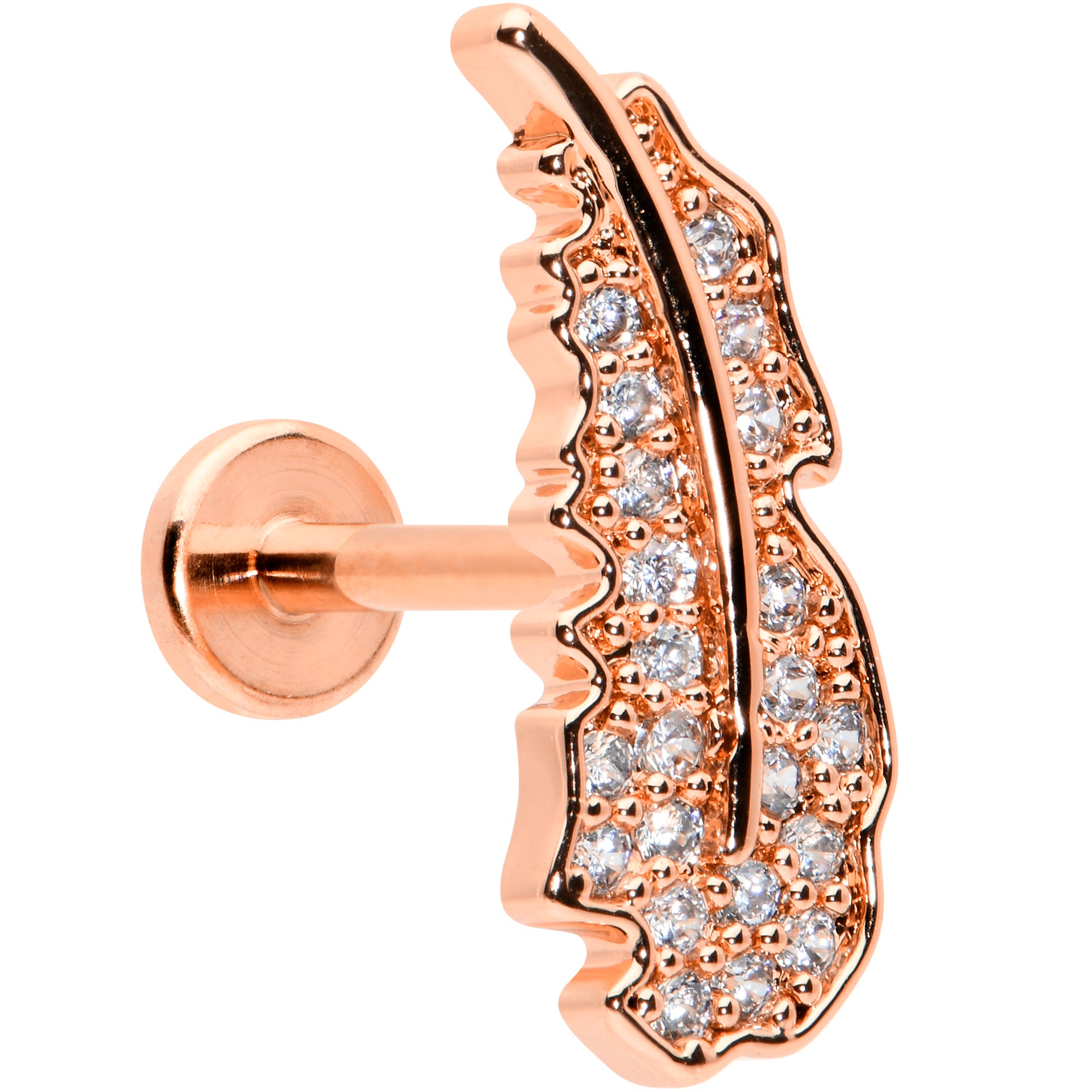 16G 5/16 Clear CZ Rosy Hue Feather Internal Thread Labret Tragus