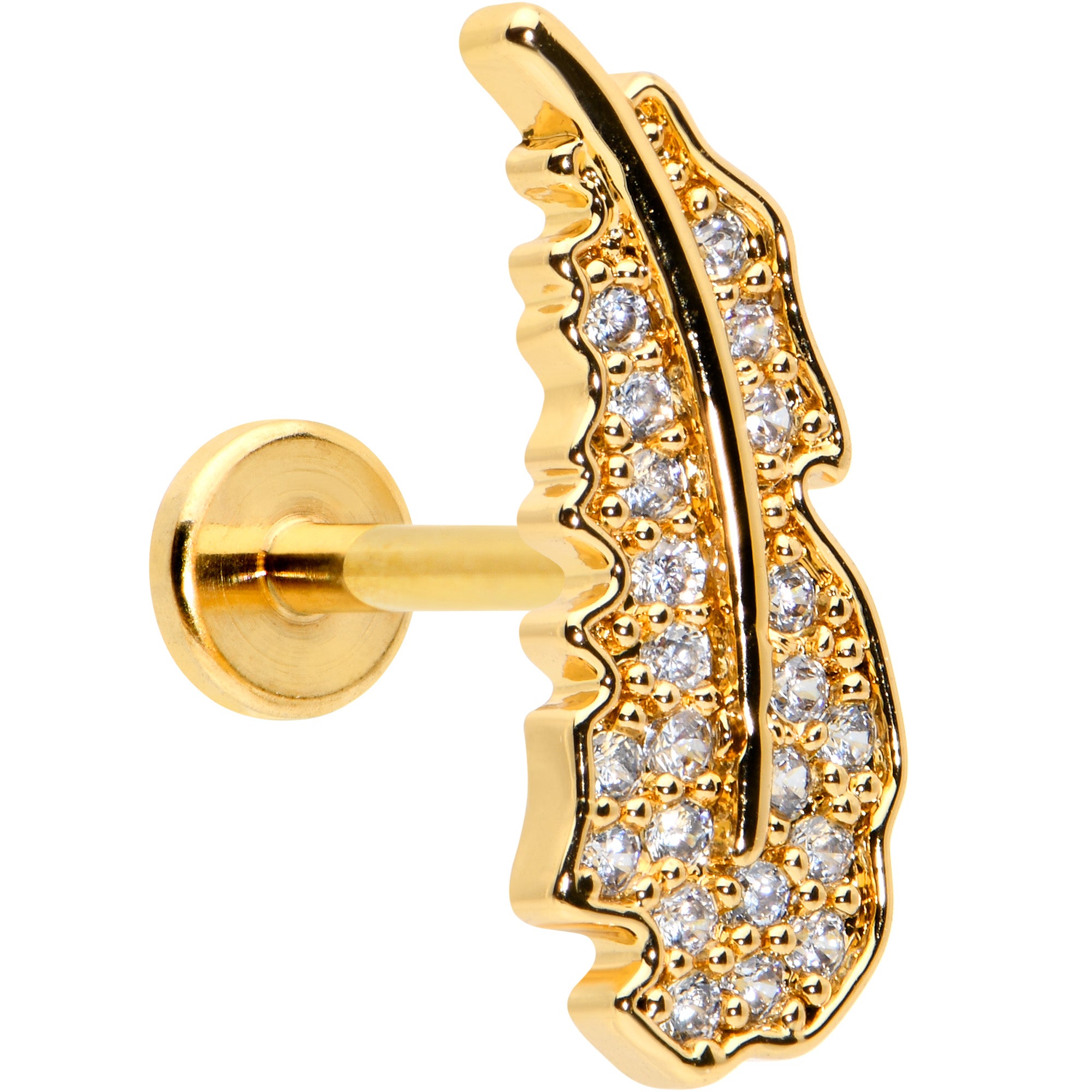 16G 5/16 Clear CZ Gem Gold Hue Feather Internal Thread Labret Tragus
