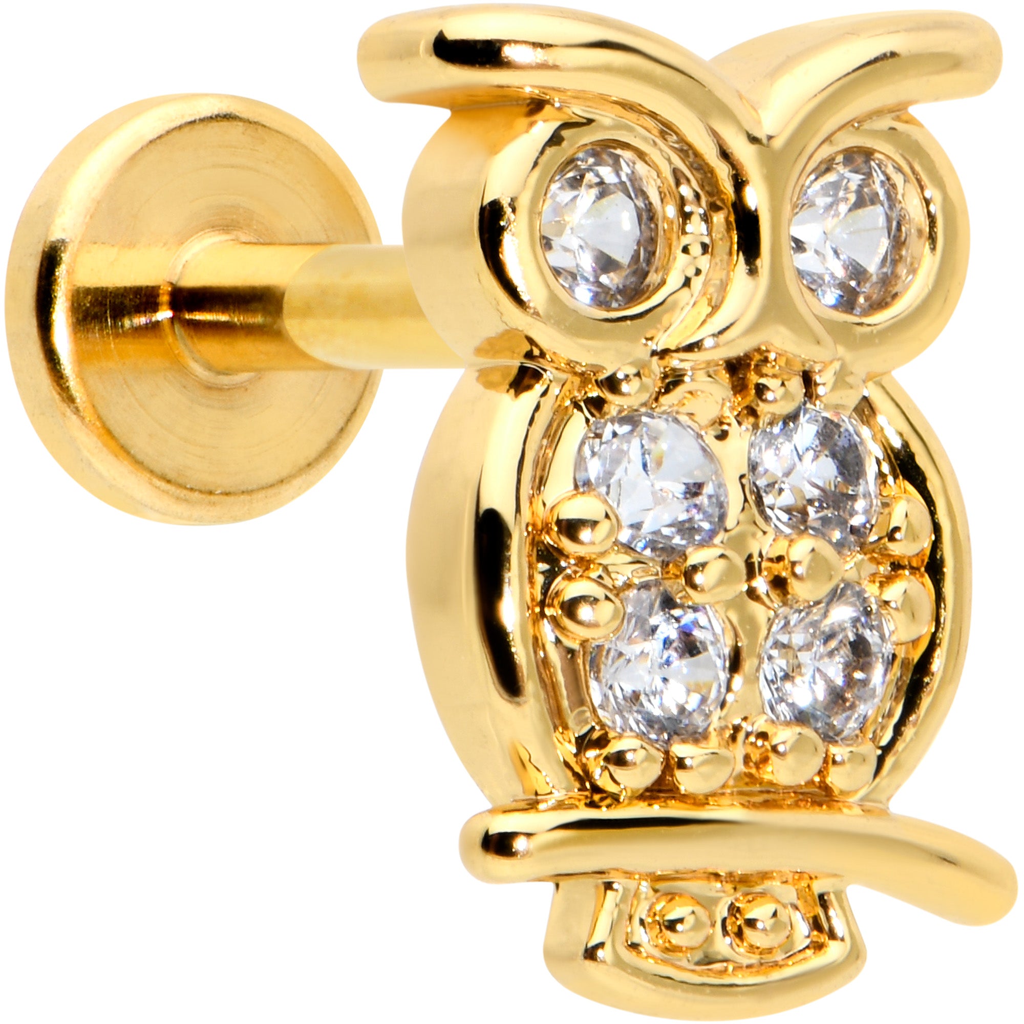 16G 1/4 Clear CZ Gem Gold Hue Owl Internal Thread Labret Tragus