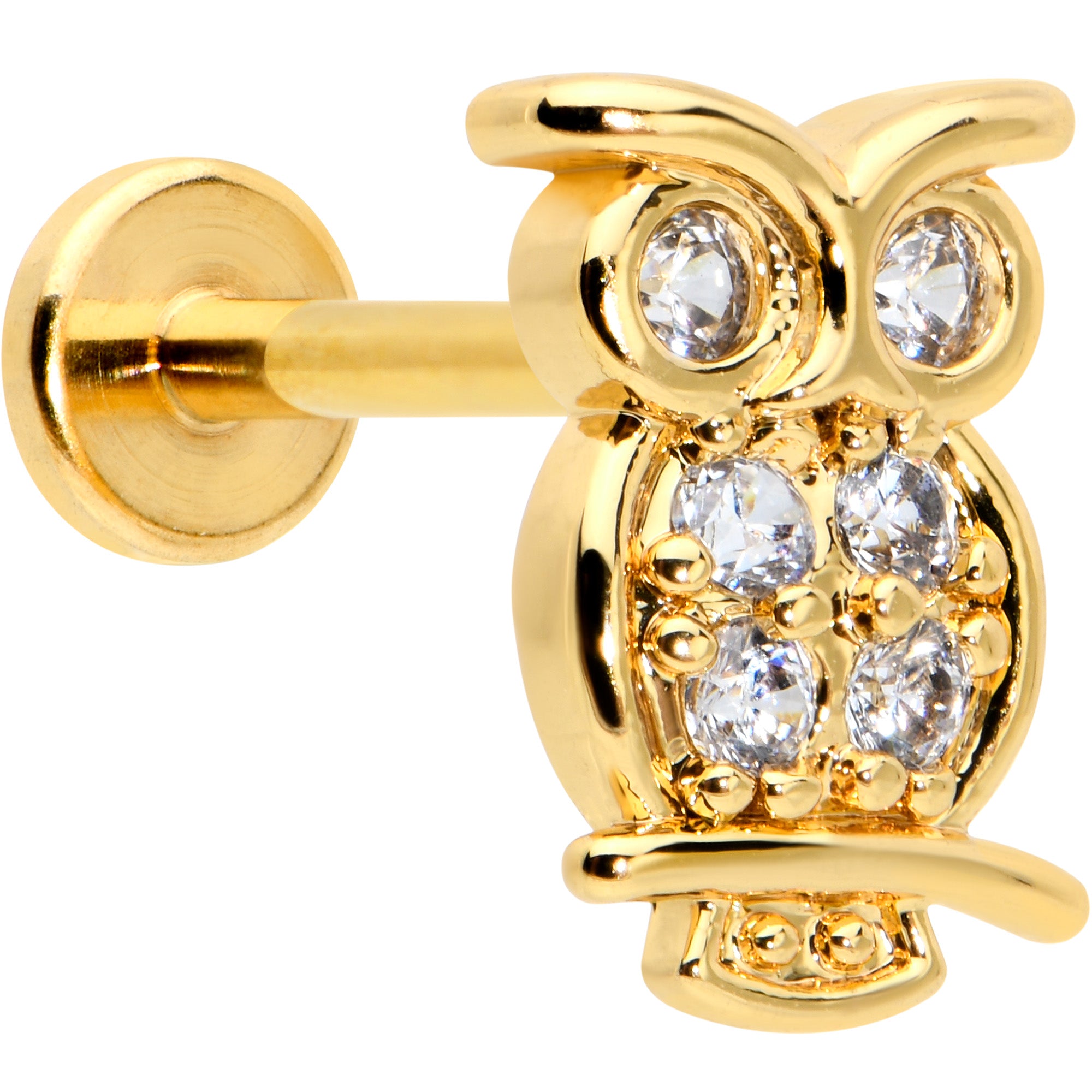 16G 5/16 Clear CZ Gem Gold Hue Owl Internal Thread Labret Tragus