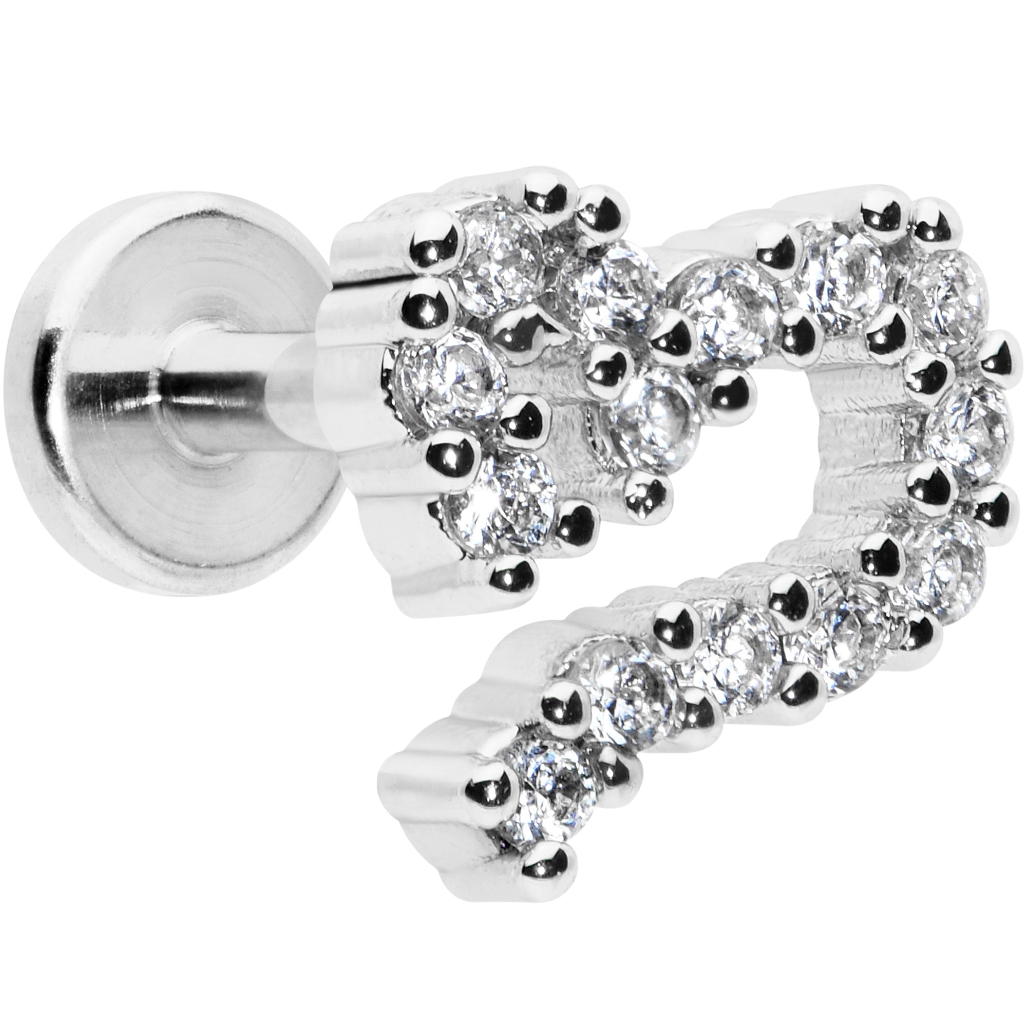 16G 1/4 Clear CZ Gem Half Heart Internally Threaded Labret Tragus