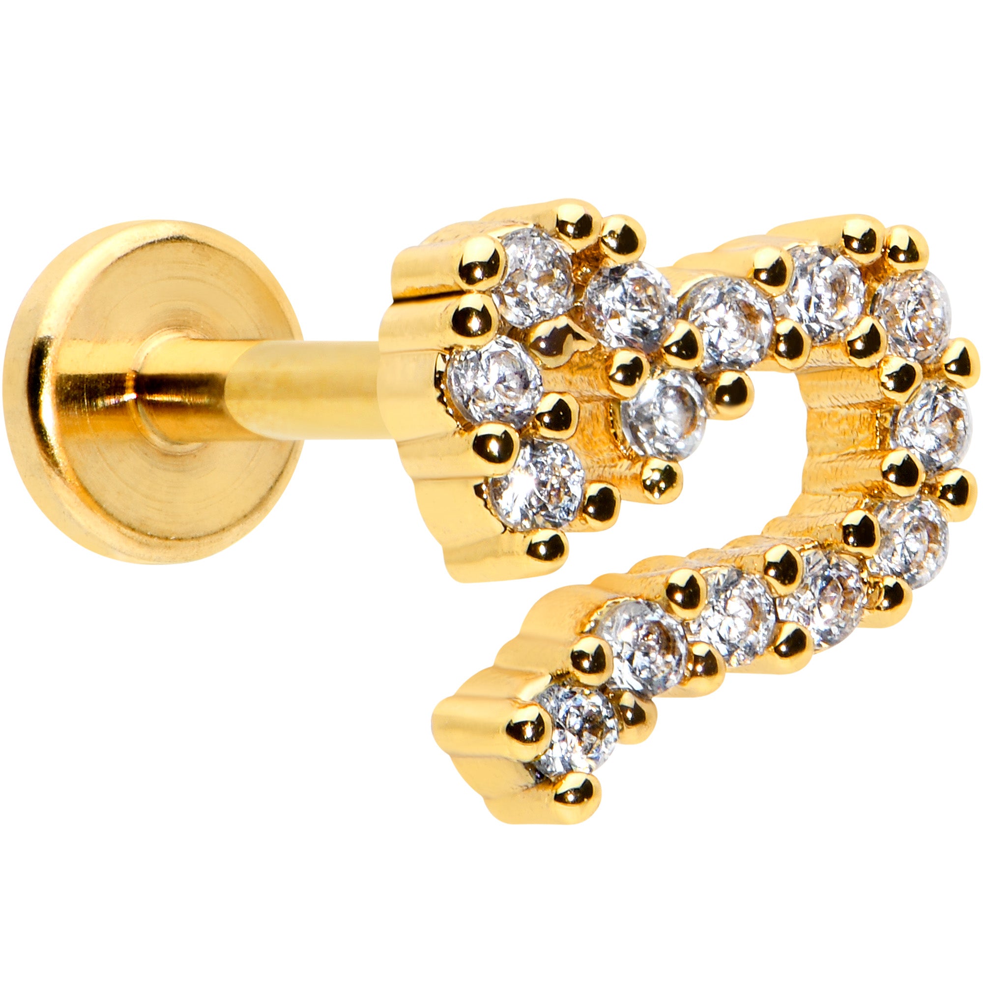 16G 5/16 CZ Gem Gold Hue Half Heart Internal Thread Labret Tragus