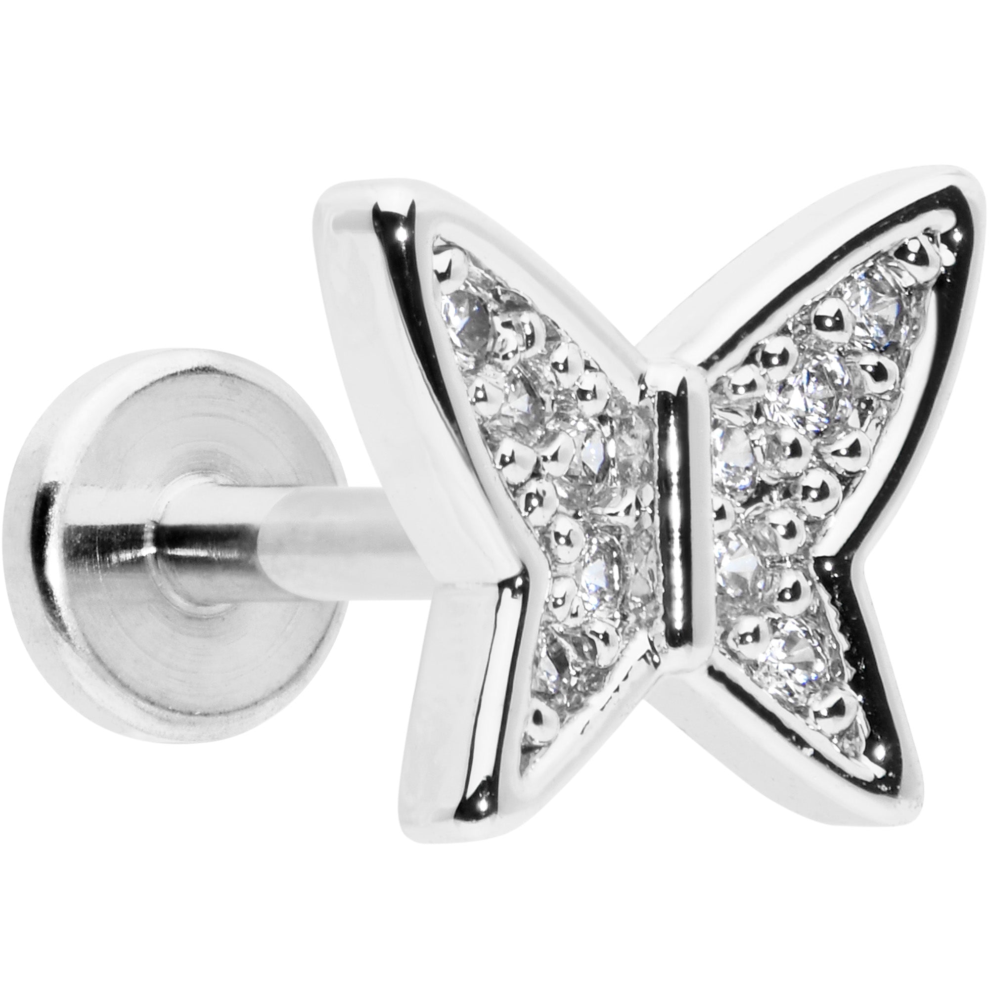 16G 1/4 Clear CZ Gem Butterfly Internally Threaded Labret Tragus