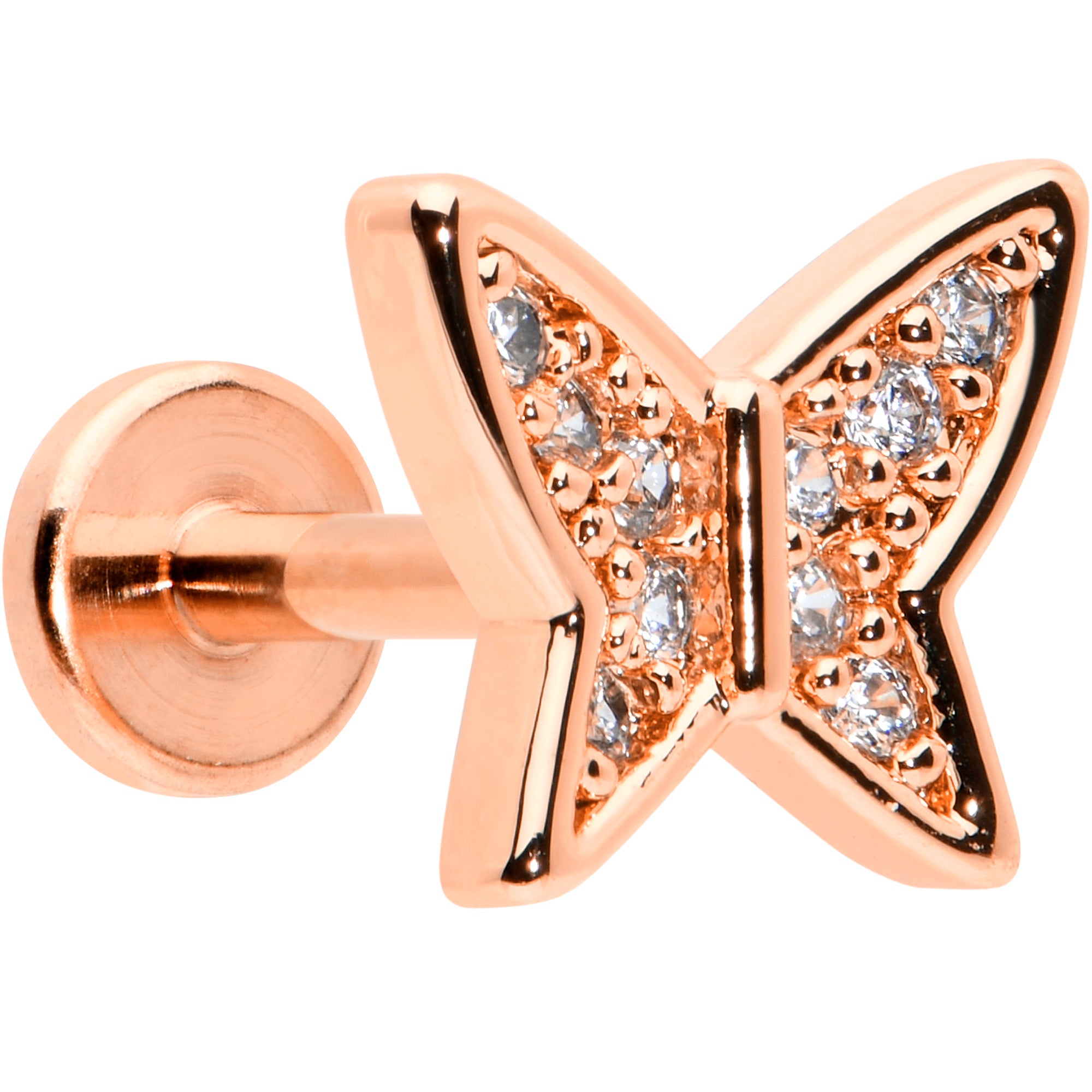16G 1/4 CZ Gem Rosy Hue Butterfly Internal Thread Labret Tragus