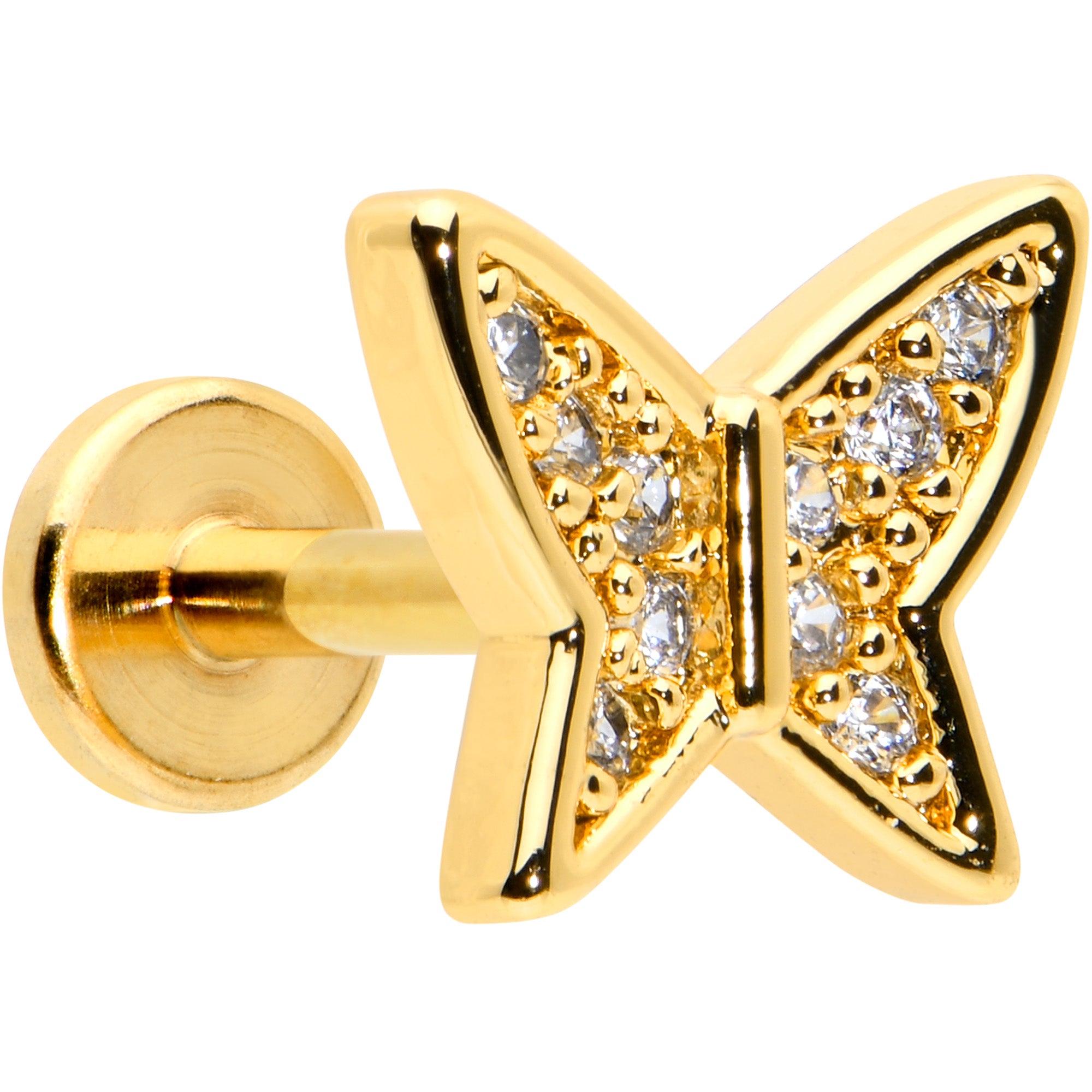 16G 1/4 CZ Gem Gold Hue Butterfly Internal Thread Labret Tragus