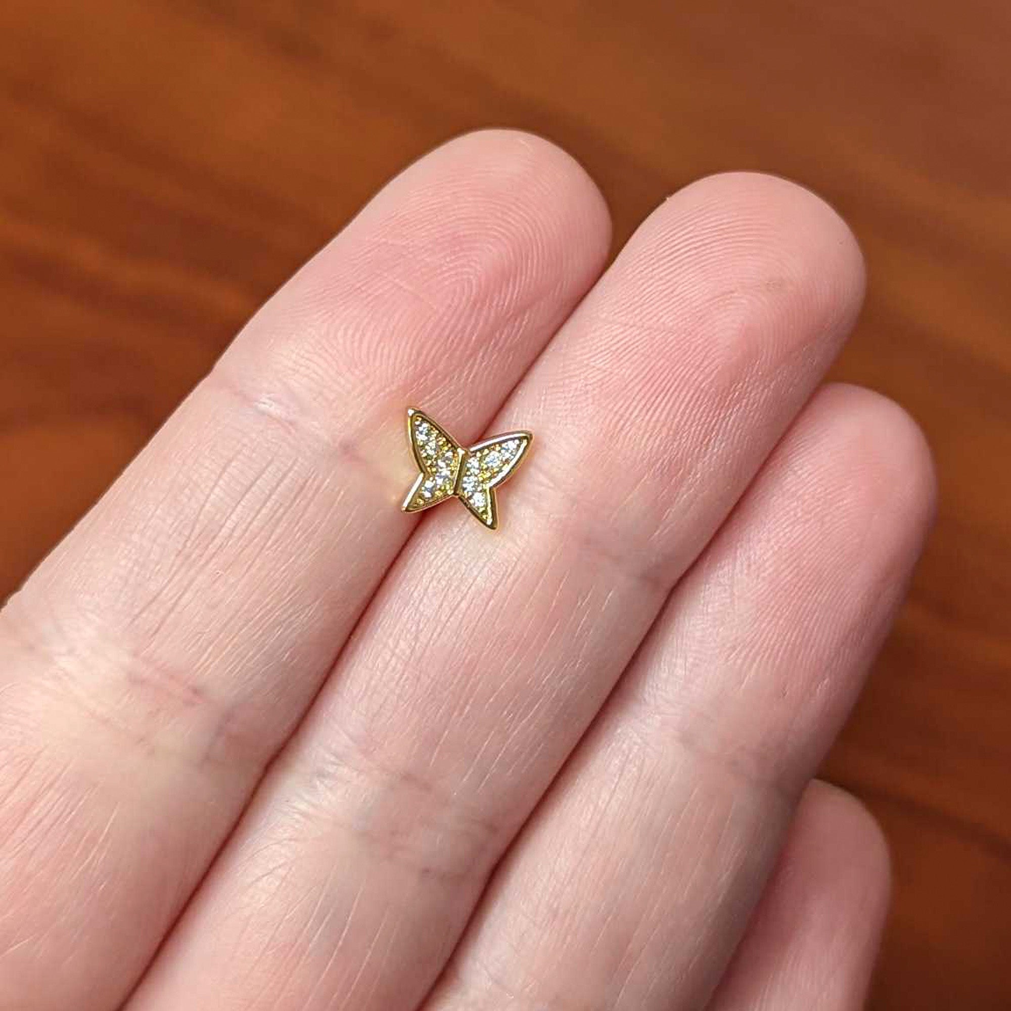 16G 1/4 CZ Gem Gold Hue Butterfly Internal Thread Labret Tragus