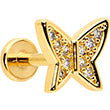 16G 1/4 CZ Gem Gold Hue Butterfly Internal Thread Labret Tragus