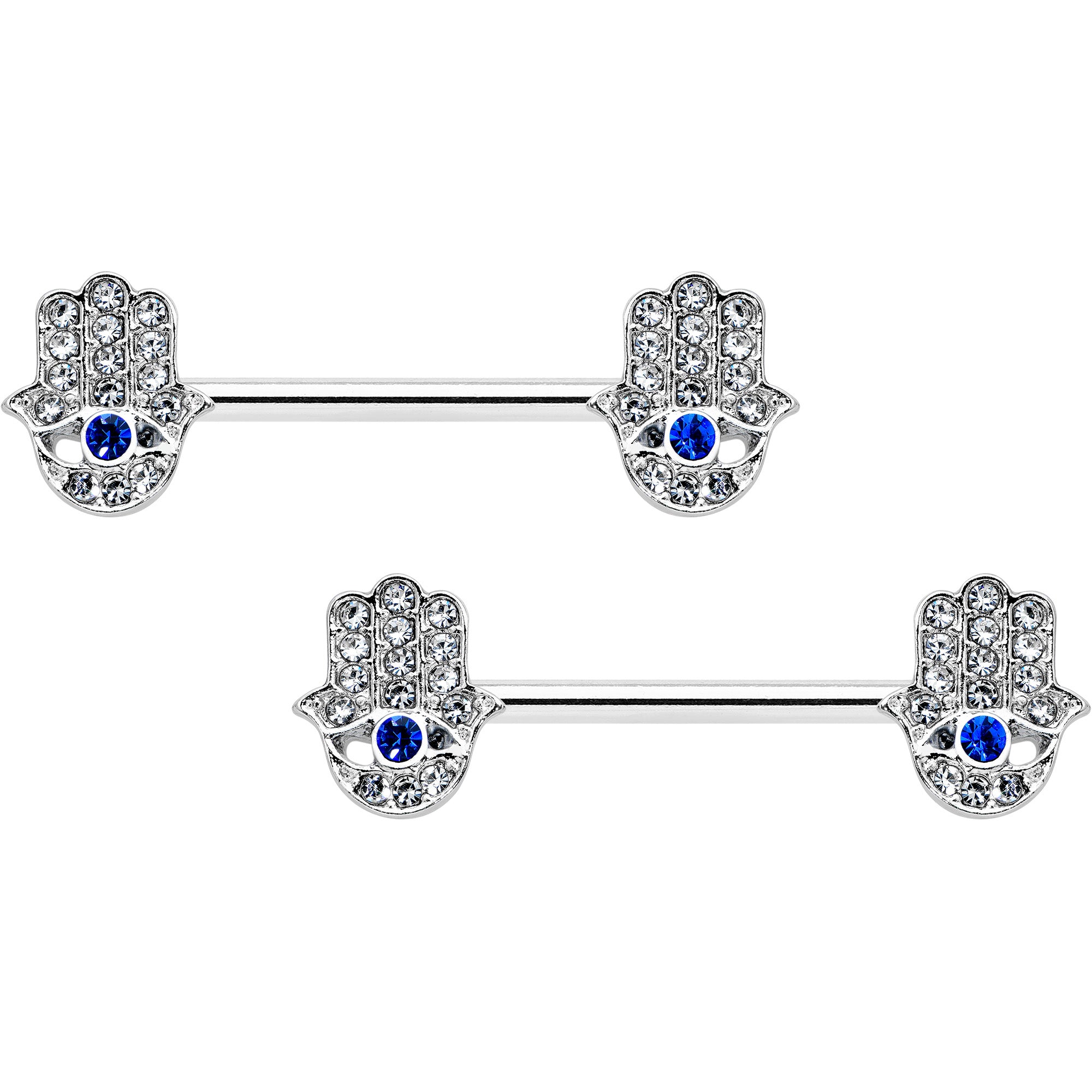 14G 9/16 Clear Blue Gem Eye Hamsa Hand Barbell Nipple Ring Set