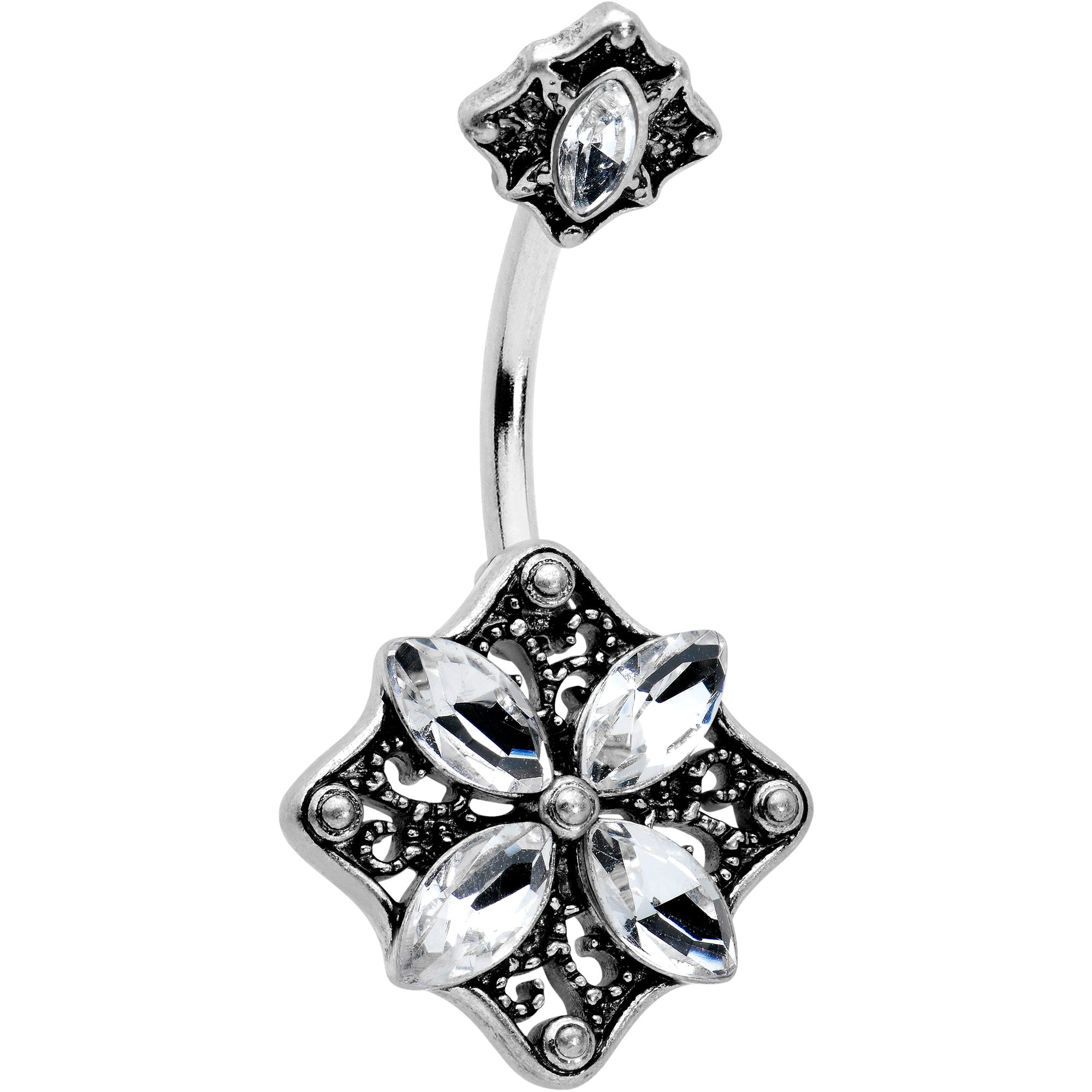 Clear Gem Baroque Rhombus Flower Double Mount Belly Ring
