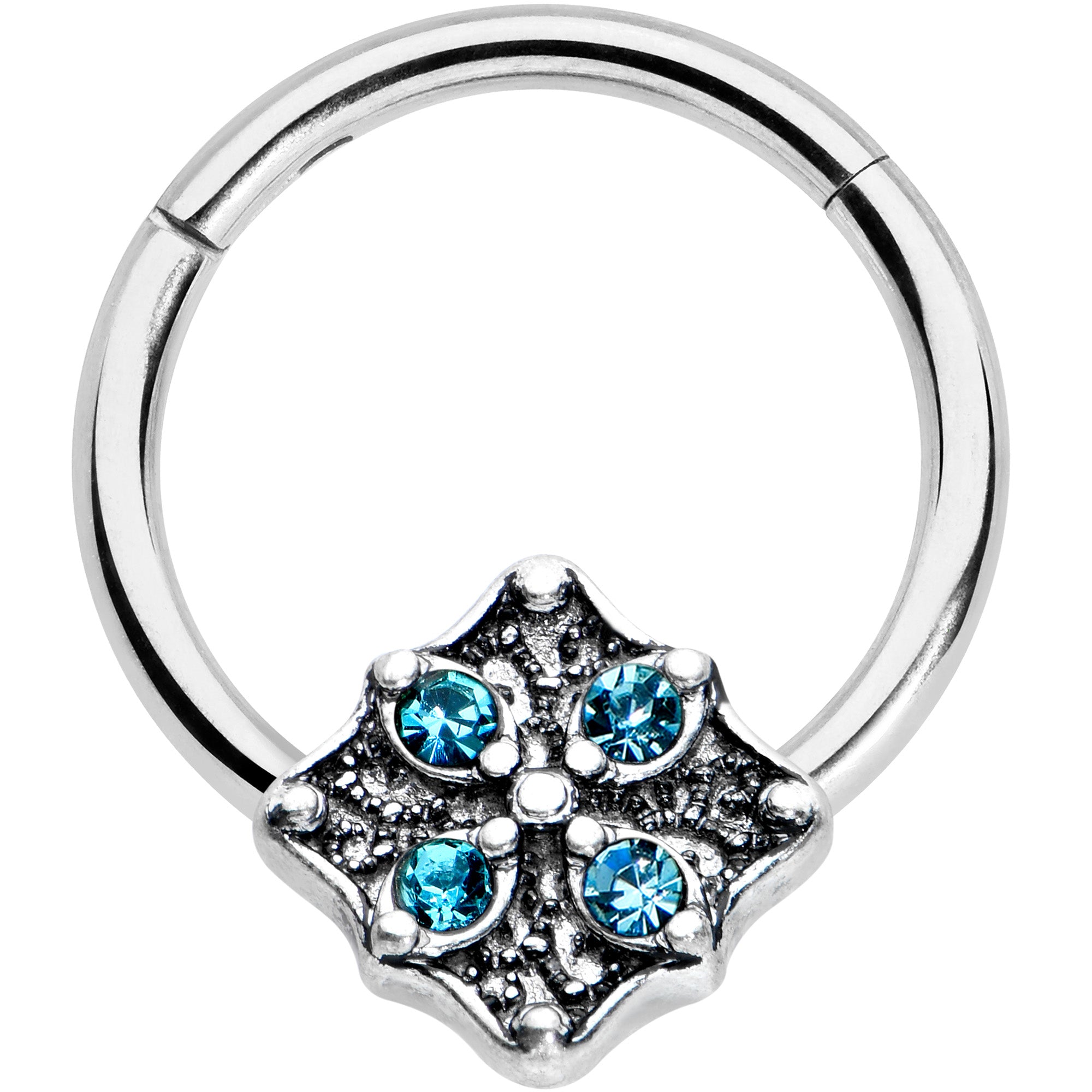 16G 3/8 Blue Gem Floral Rhombus Baroque Hinged Segment Ring
