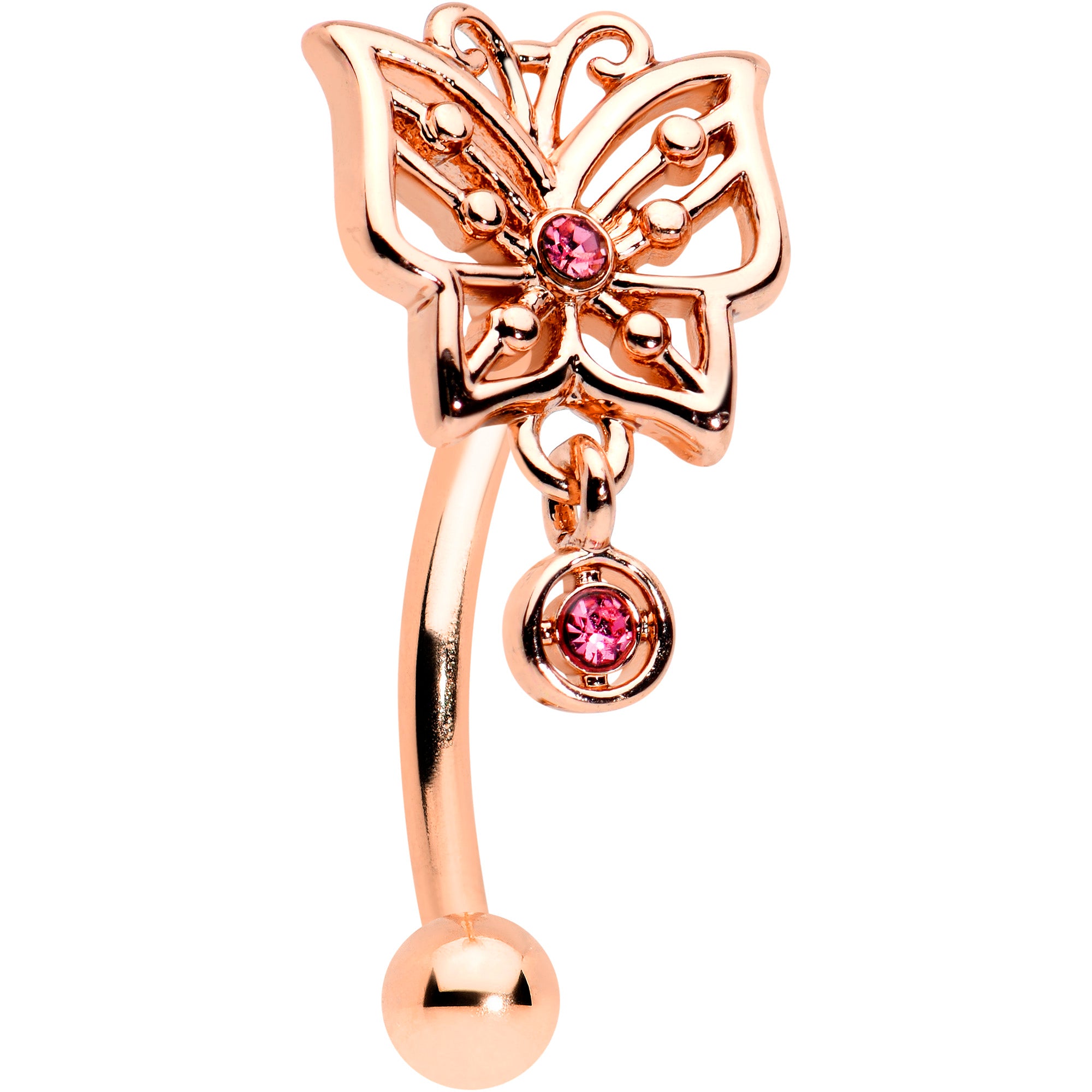 16G 5/16 Pink CZ Gem Rose Gold Tone Butterfly Curved Eyebrow Ring
