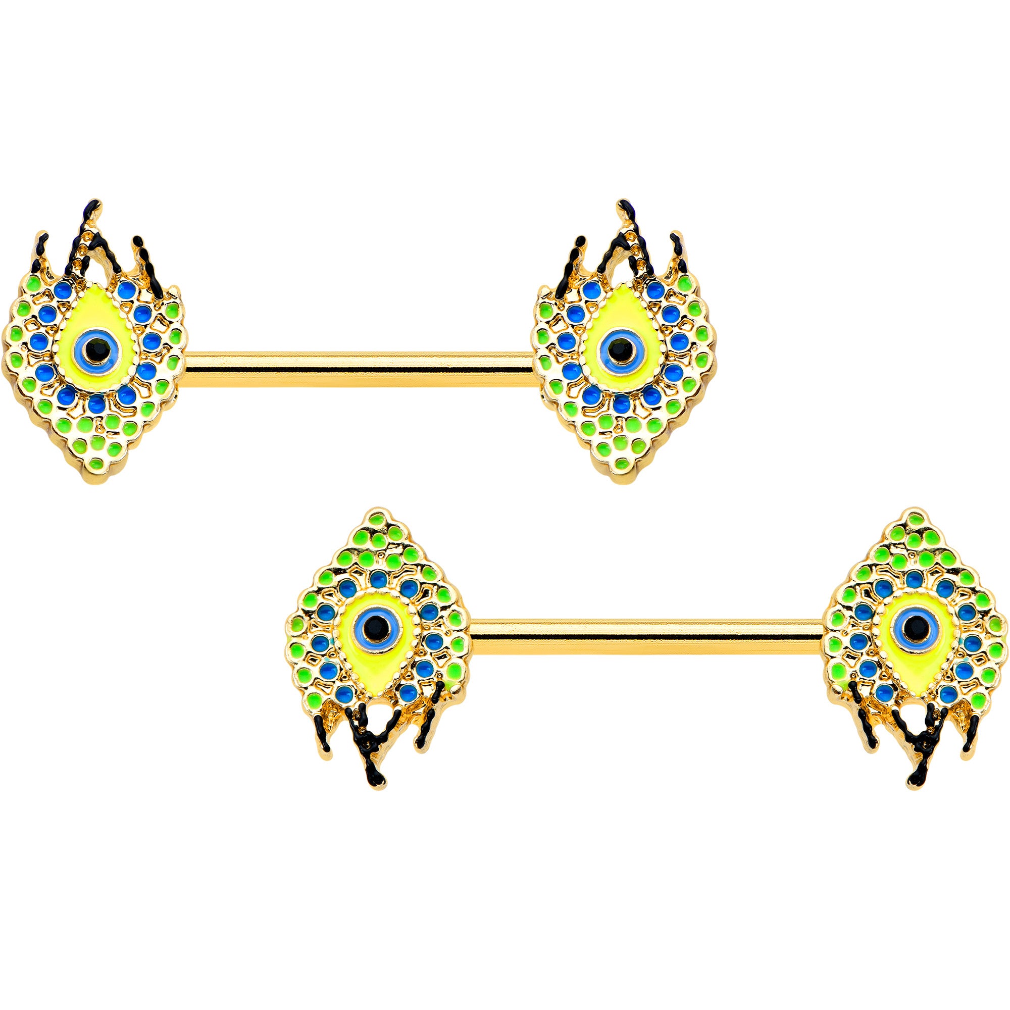 14G 9/16 Gold Tone Bold Peacock Feather Barbell Nipple Ring Set