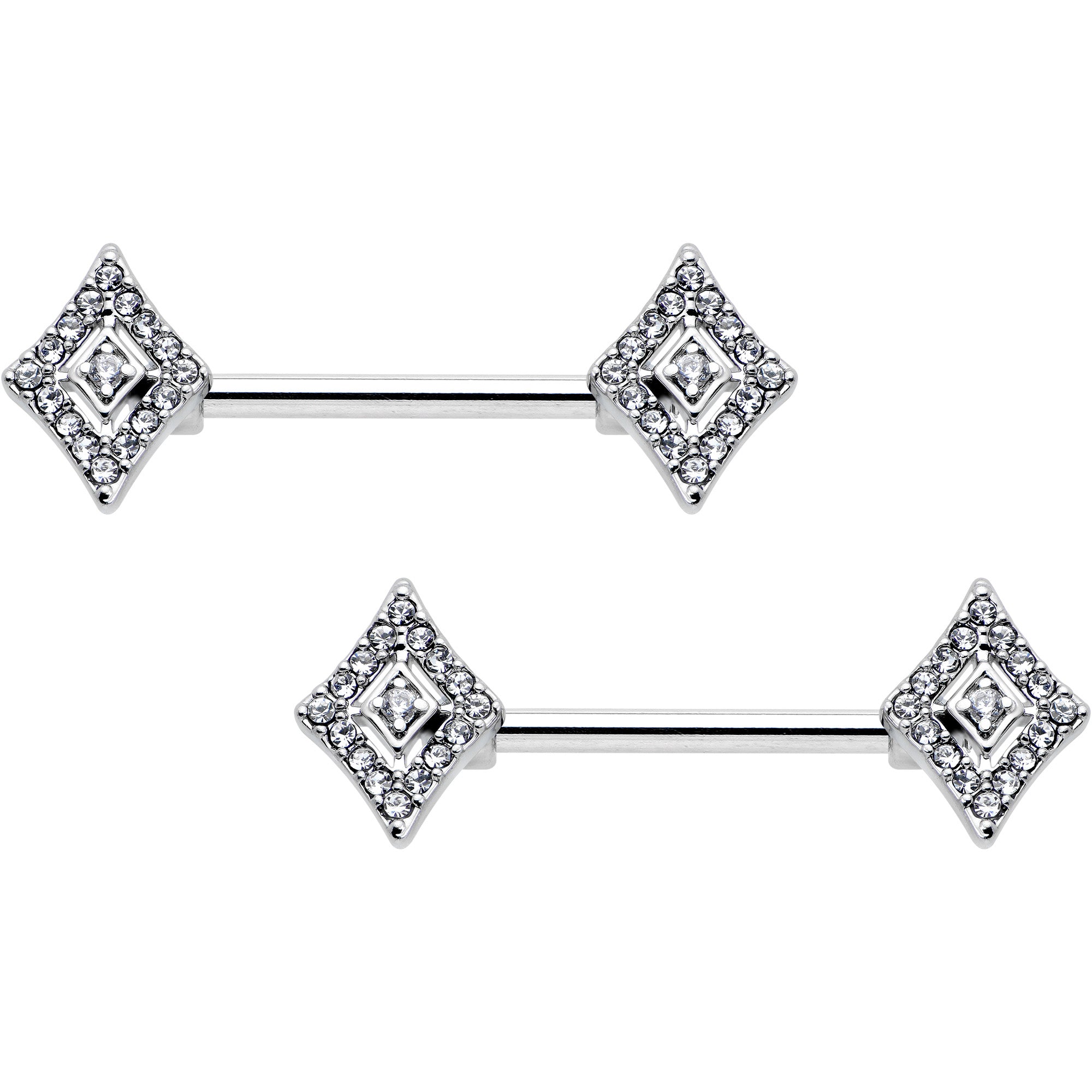 14G 9/16 Clear Gem Double Rhombus Deco Barbell Nipple Ring Set