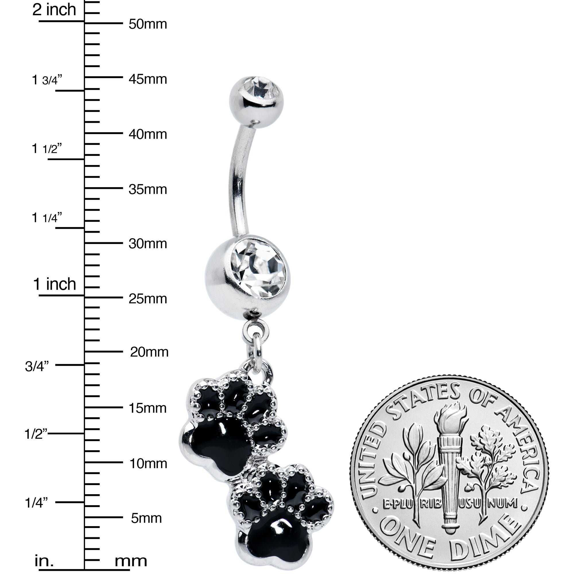 Clear Gem Textured Black Paw Print Dangle Belly Ring