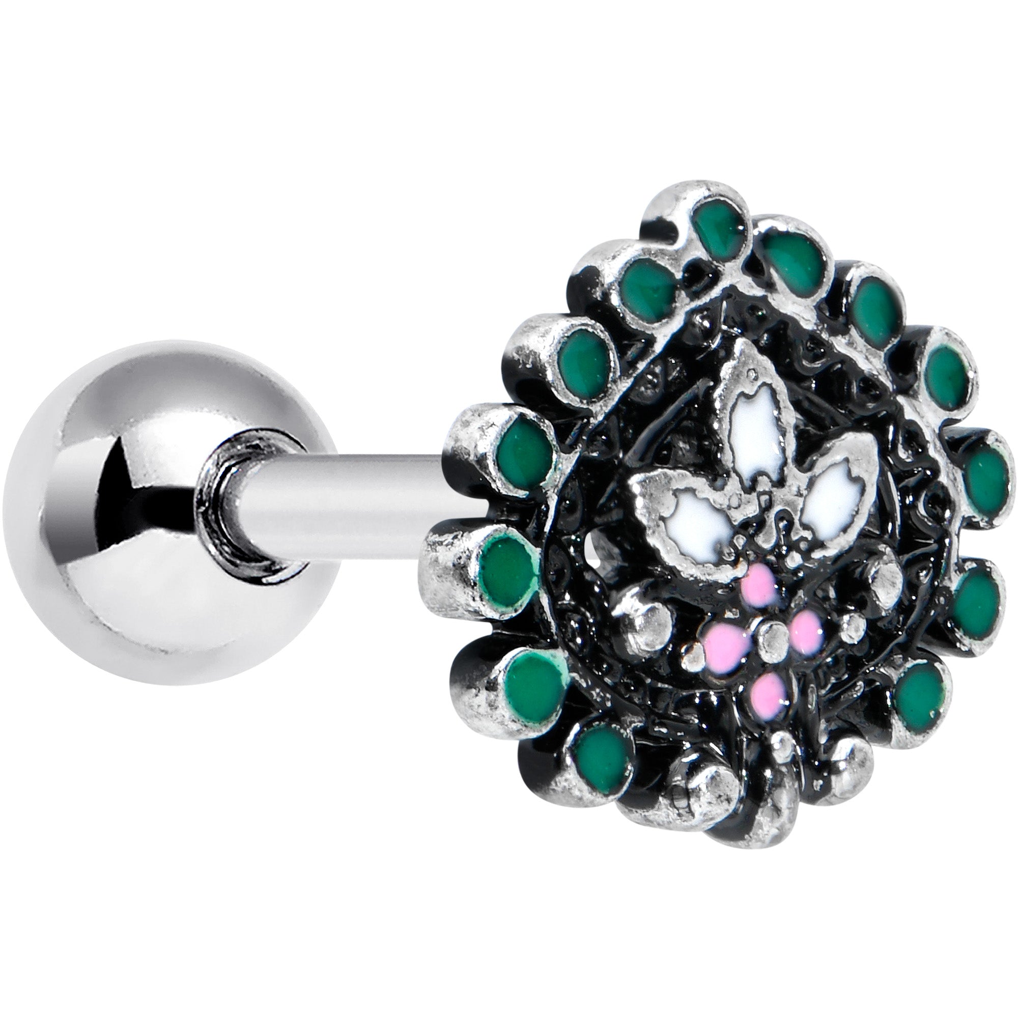 16G 1/4 Stylized Pink Green Abstract Leaf Cartilage Tragus Earring