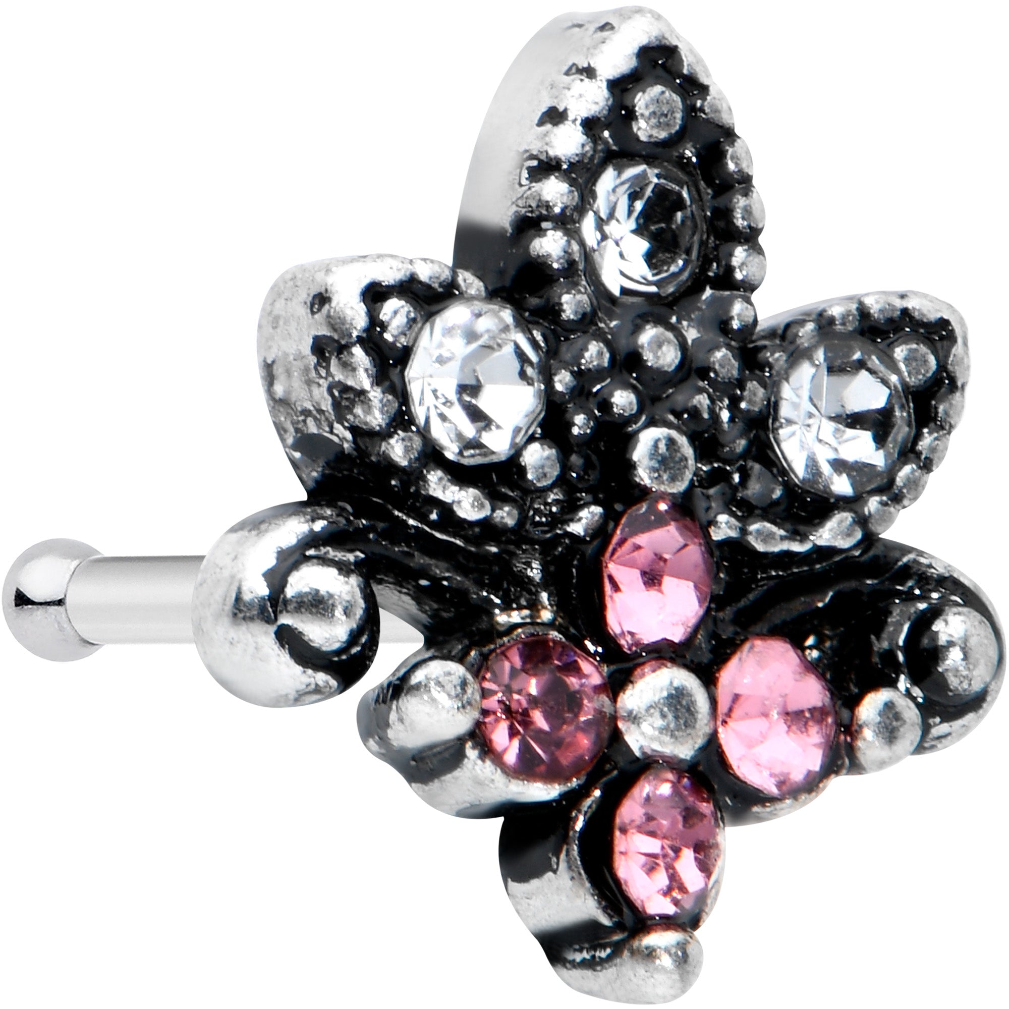 20G 1/4 Clear Pink Gem Abstract Leaf Flower Nose Bone