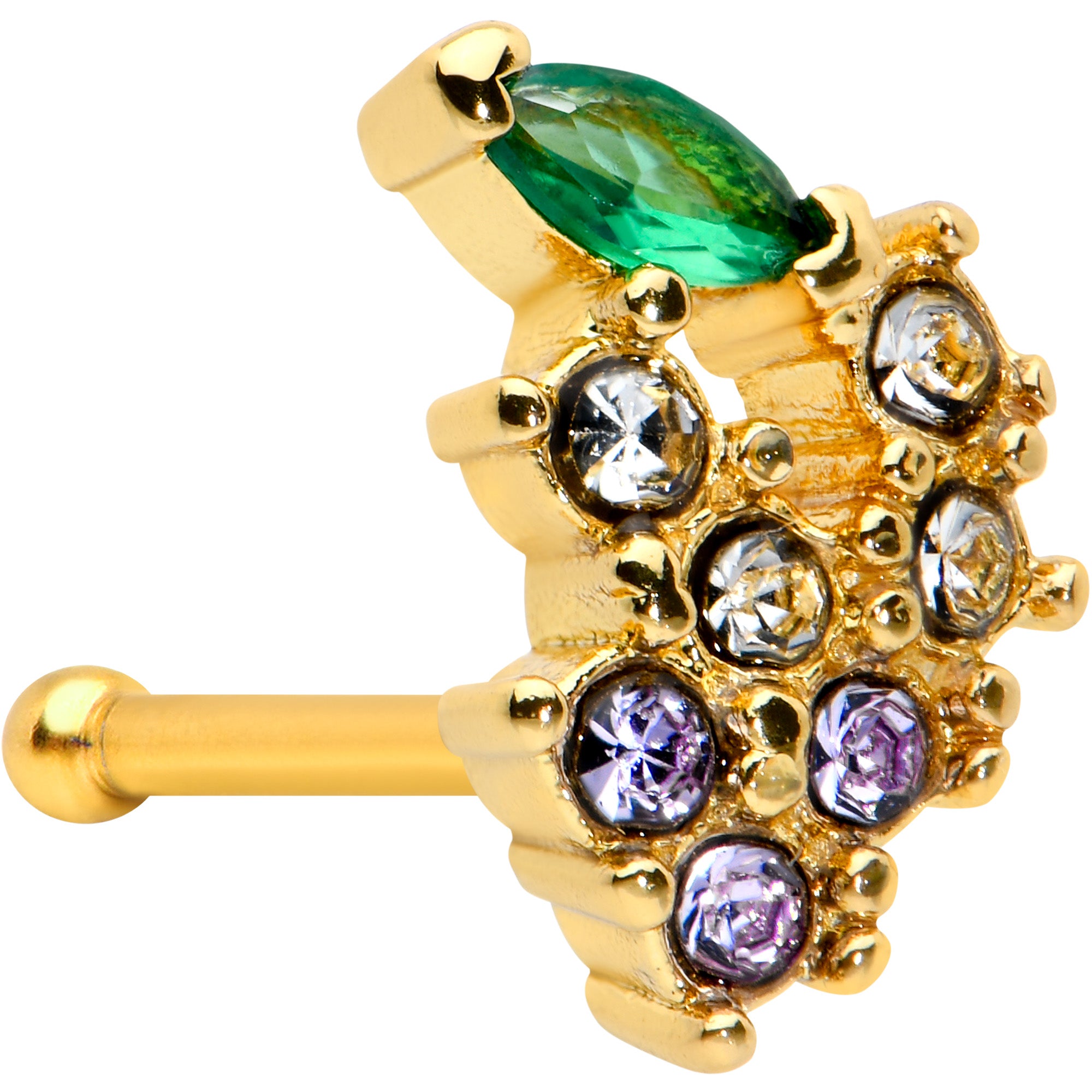 20G 1/4 Clear Purple CZ Gem Gold Tone Bunch Grapes Nose Bone