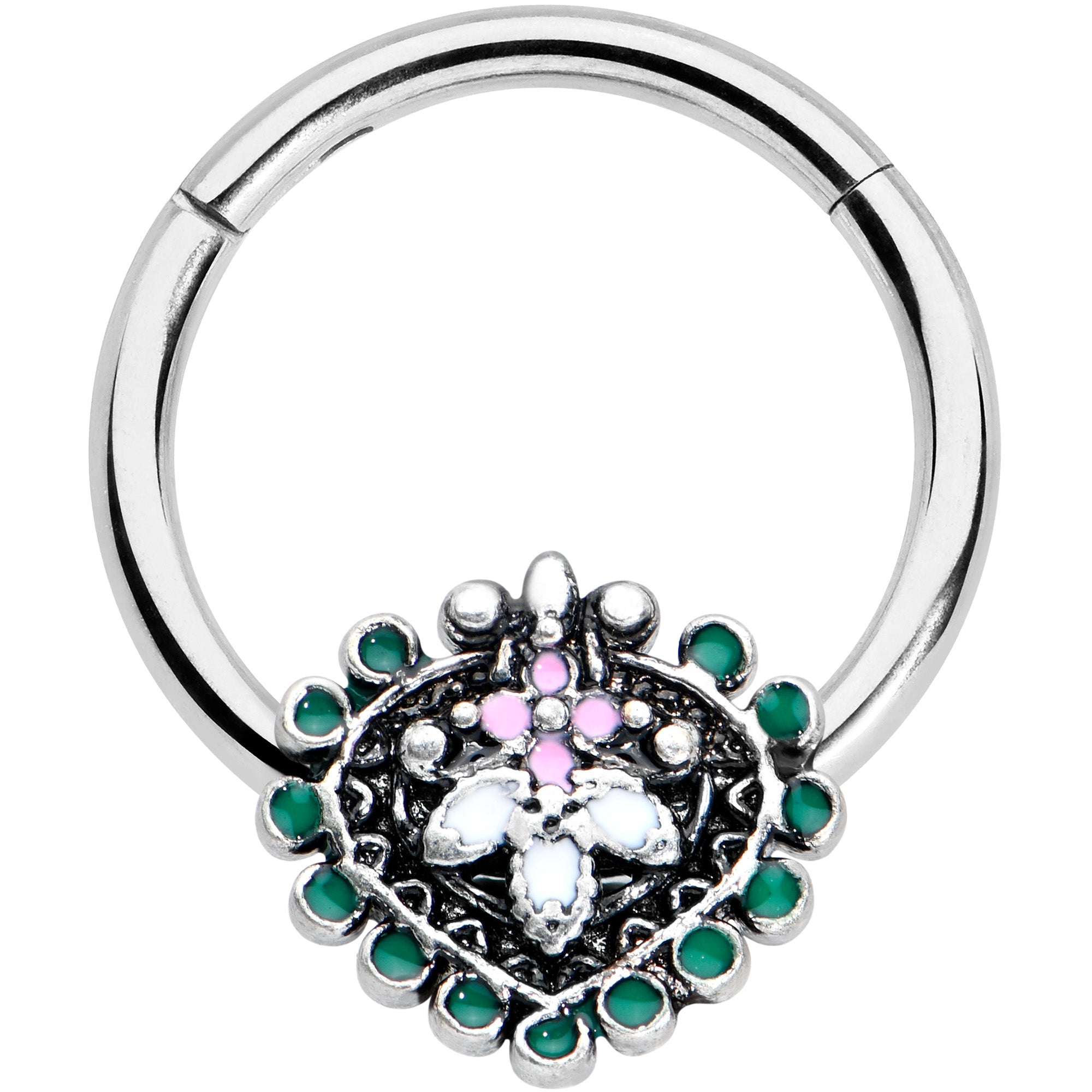 16G 3/8 Stylized Pink Green Abstract Leaf Hinged Segment Ring