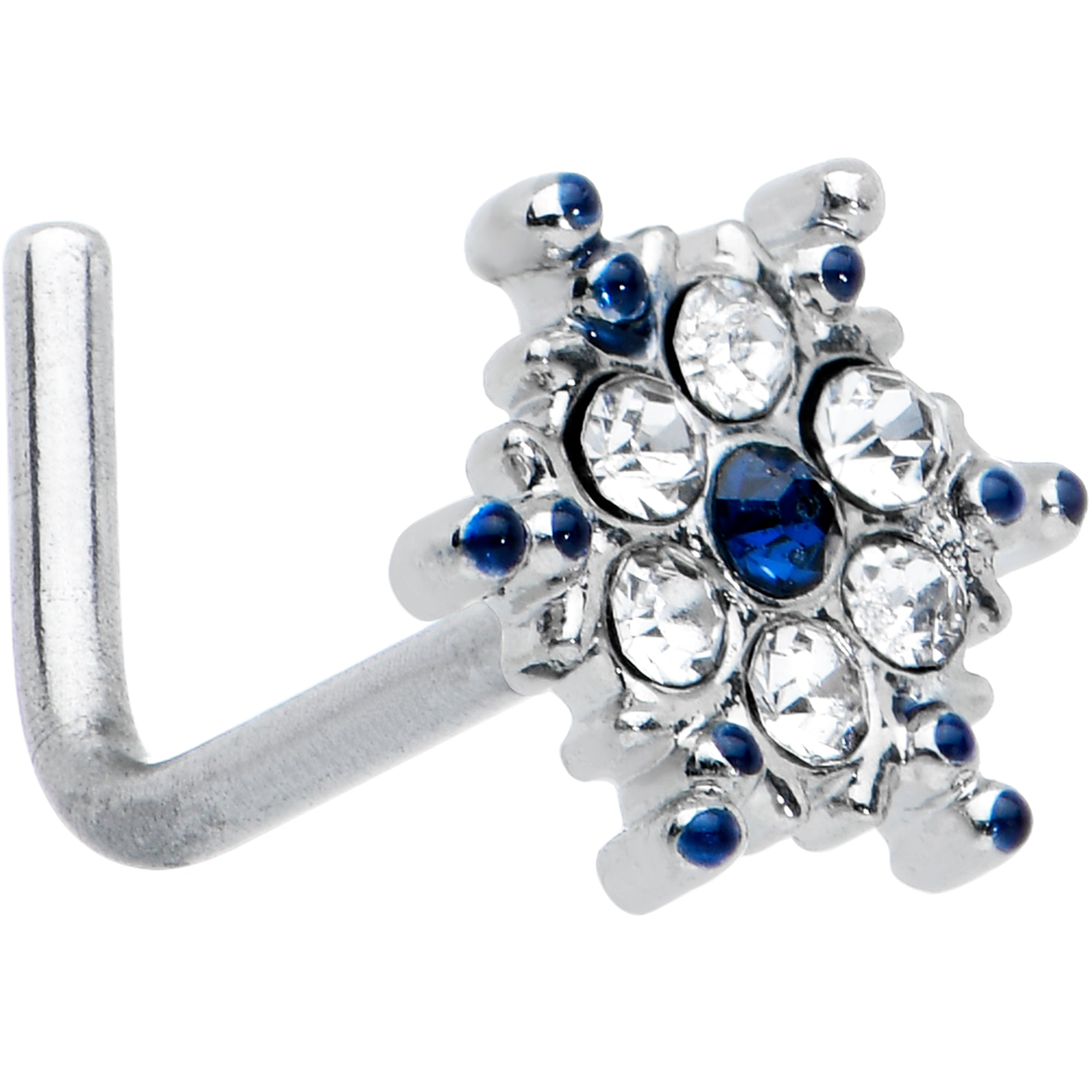 20G 1/4 Clear Blue Gem Festive Snowflake L Shape Nose Ring