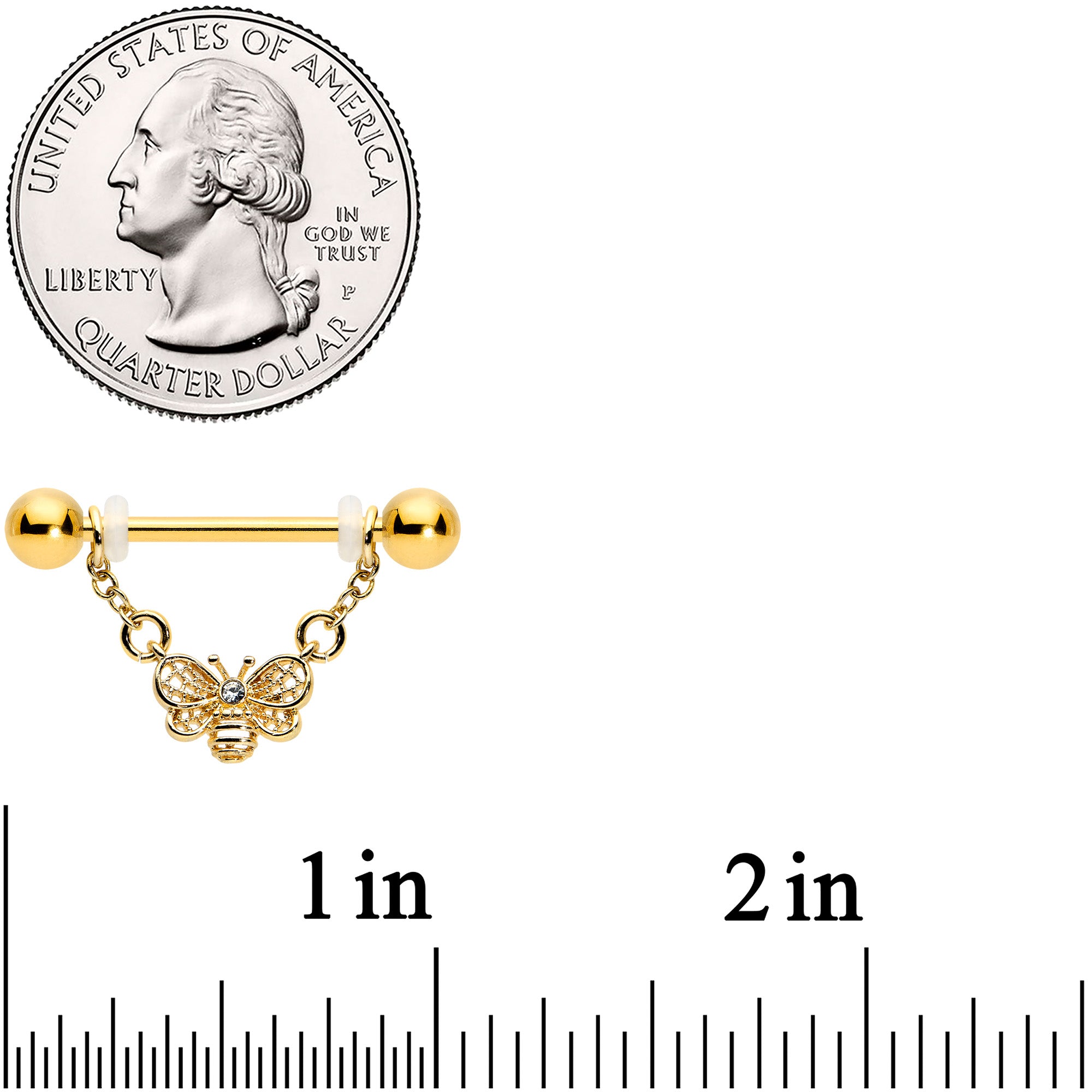 14G 5/8 Clear Gem Gold Tone Chain Dangle Barbell Nipple Ring Set