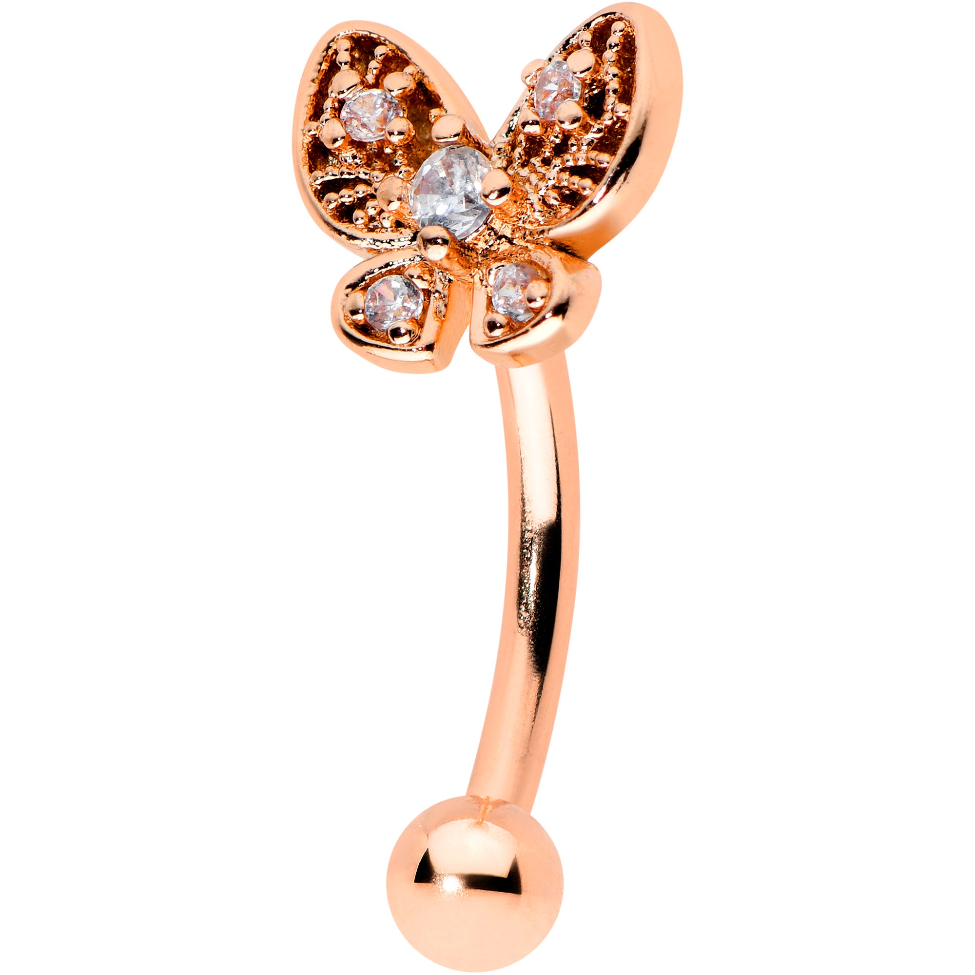 16G 5/16 Clear Gem Rose Gold Tone Butterfly Curved Eyebrow Ring